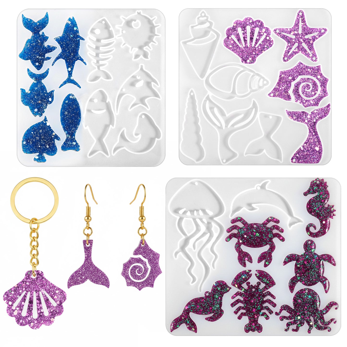 Ymapinc UV Resin Jewelry Molds, 3Pcs Ocean Silicone Moulds, Epoxy Resin Moulds for Casting Earring/Keychain Crafts, DIY Art Molds for Jewelry Making