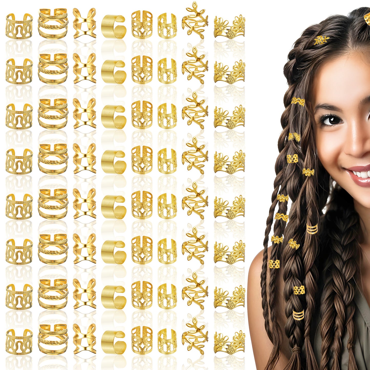 Ouligay 64pcs Gold Hair Cuffs Charms Rings for Braids Gold Hair Jewellery