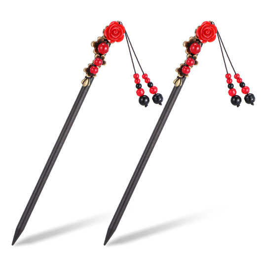 Ymapinc 2PCS Hair Chopsticks for Women, Wooden Classic Chinese Hair Sticks, Japanese Hair Stick, Retro Flower Tassel Handmade Hair Pins for Long Hair, Elegant Chopsticks for Hair, Chinese Hairpin