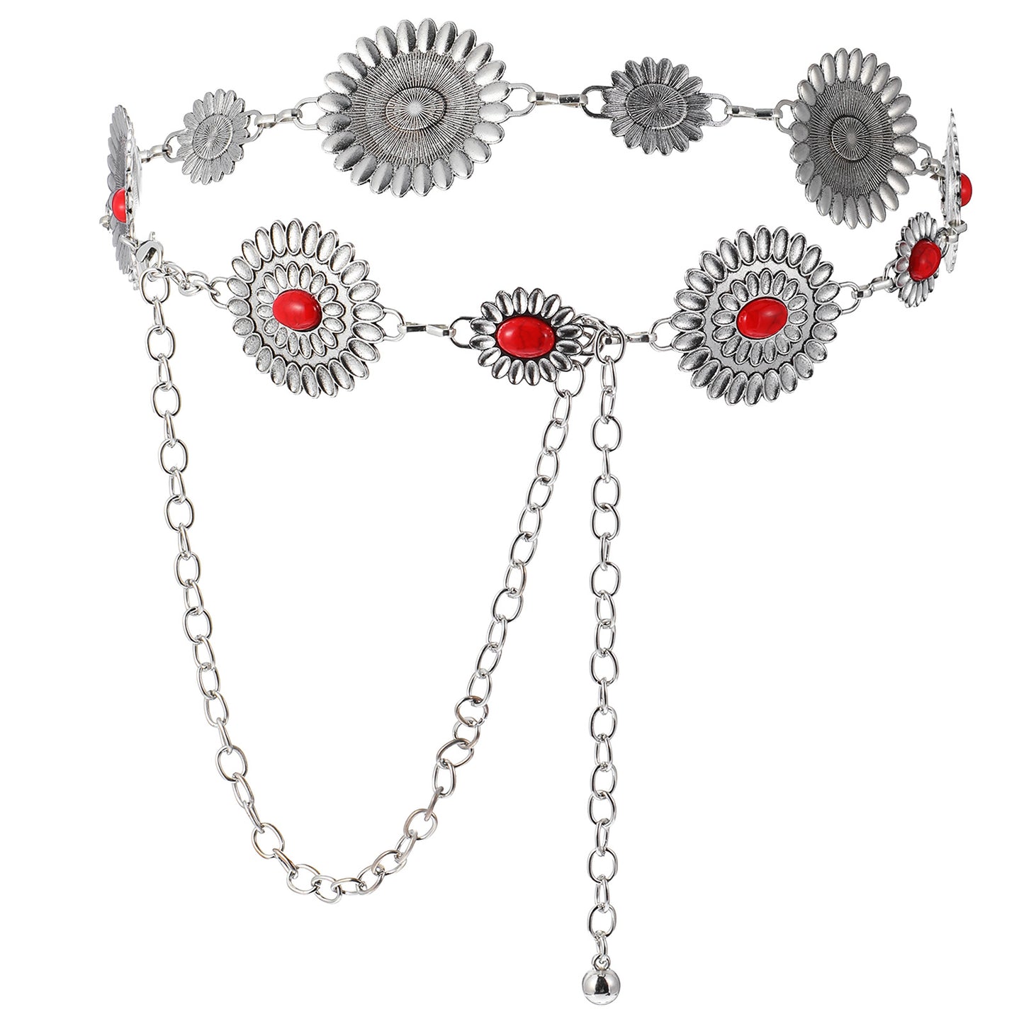 1 PCS Western Chain Belt Concho Belts for Women Cowgirl Metal Concho Belt Metal Link Chain Belts for Women Adjustable Oval Waist Chains Chunky Thick for Dresses Jeans Country Concert Outfit (Red)