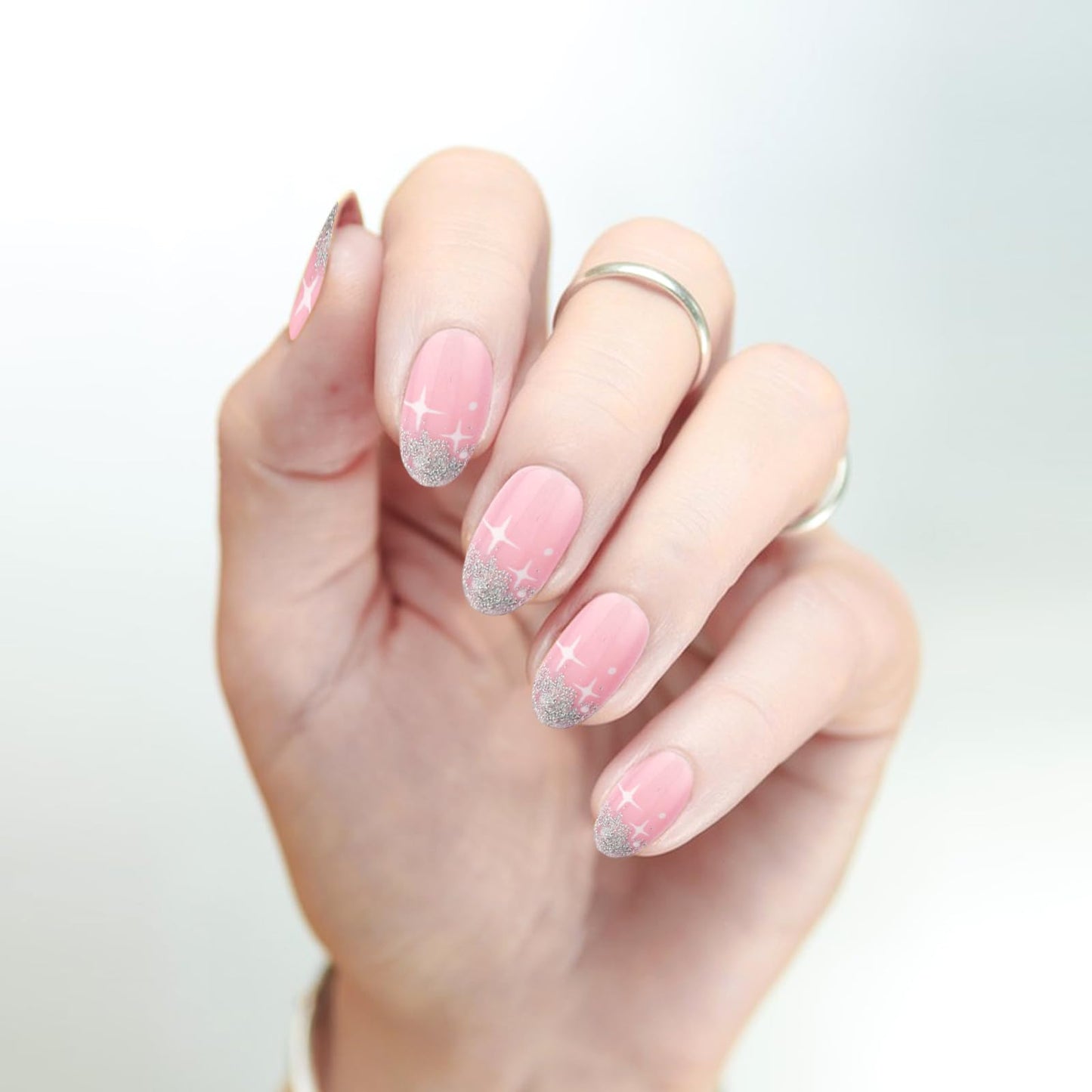 Ouligay 24Pcs Press On Nails Short Almond False Nails Cute Stars French Fake Nails Full Cover False Nails for Women Girls