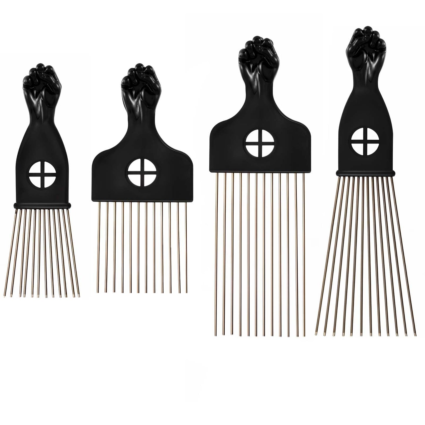 4 Pcs Hair Pick For Black Men Stainless Steel Afro Pick Set Fist Design Essential Hairdressing Styling Tool Wide Tooth Comb Salon Using Black Metal Afro Combs For Hair Styling For Natural Curly