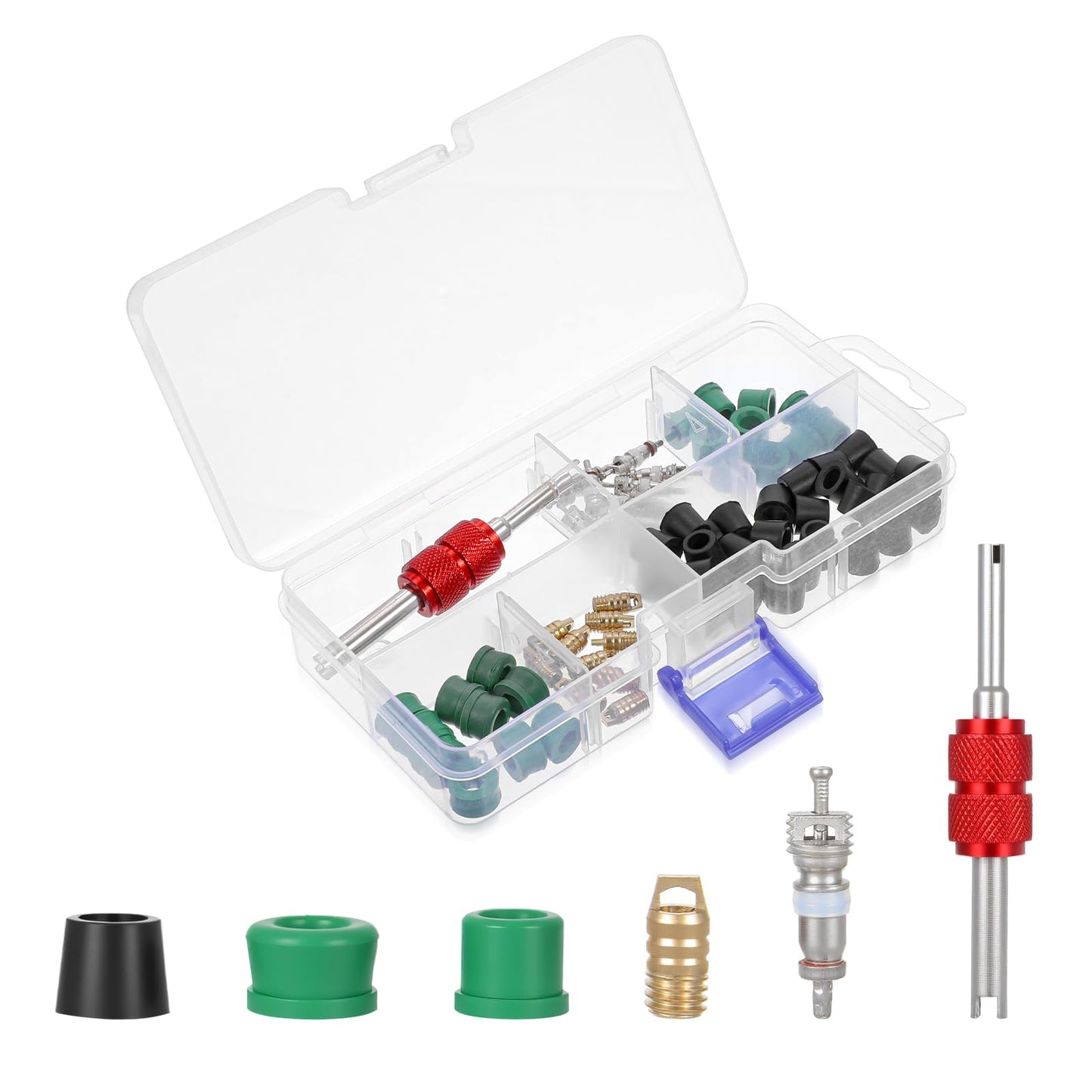 71PCS Air Conditioning Ac Valve Core Kit for R12 or R134a, Car Hvac Hose Gasket Seal Refrigeration A/C Ac Schrader Valve Service, Automotive Air Conditioning Repair Kit Repair Tool