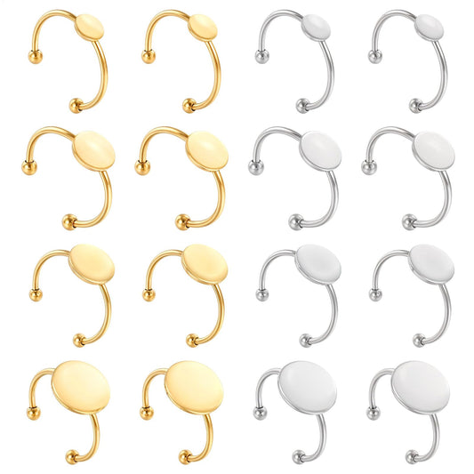 16 PCS Finger Ring Blank 12mm Stainless Steel Flat Ring Blank Round Pad Trays Adjustable Finger Base Bezel Trays for Jewelry Making Finding DIY Carvings (Steel Gold)