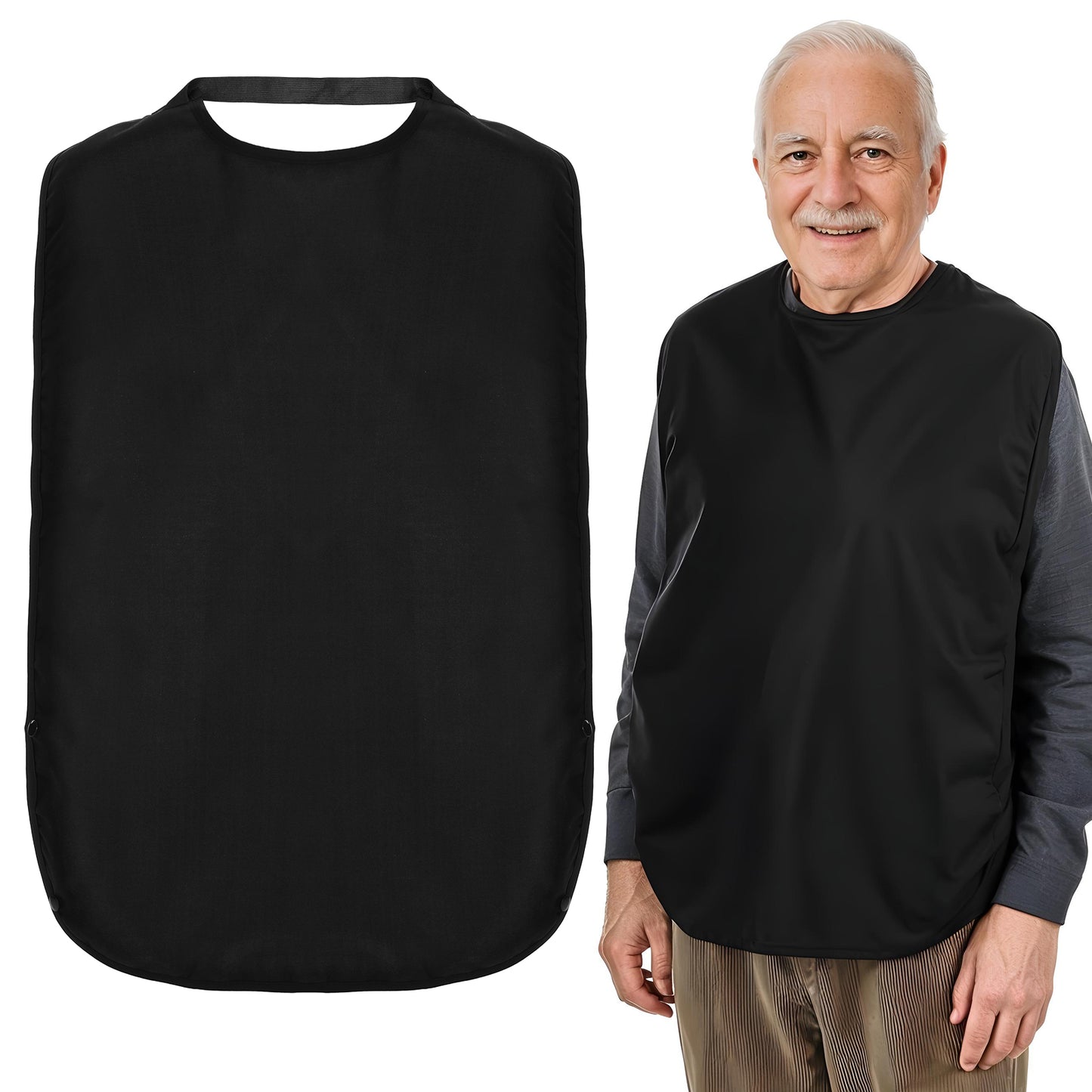 Teaaha Black Stretchable Adult Bibs with Double Layer Waterproof Protection and Crumb Catcher Washable Clothing Bib with Crumb Catcher for Elderly Dining