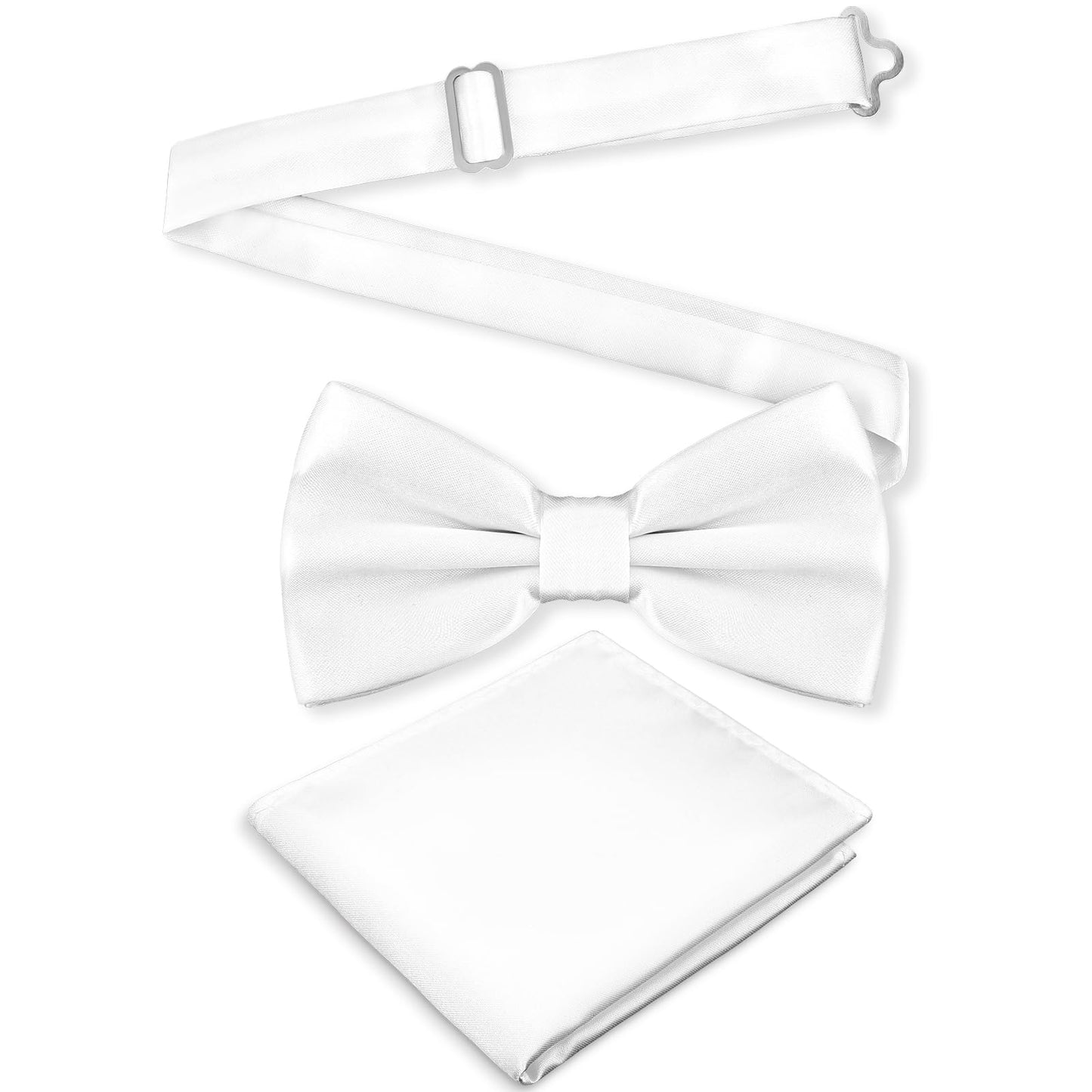 Bow Ties For Men Adjustable Bowtie And Pocket Square Set White Bow Tie Solid Color Double Fold Pre-Tied Bow Tie Men Bowtie And Handkerchief For Dinners Weddings Parties, Business Proms