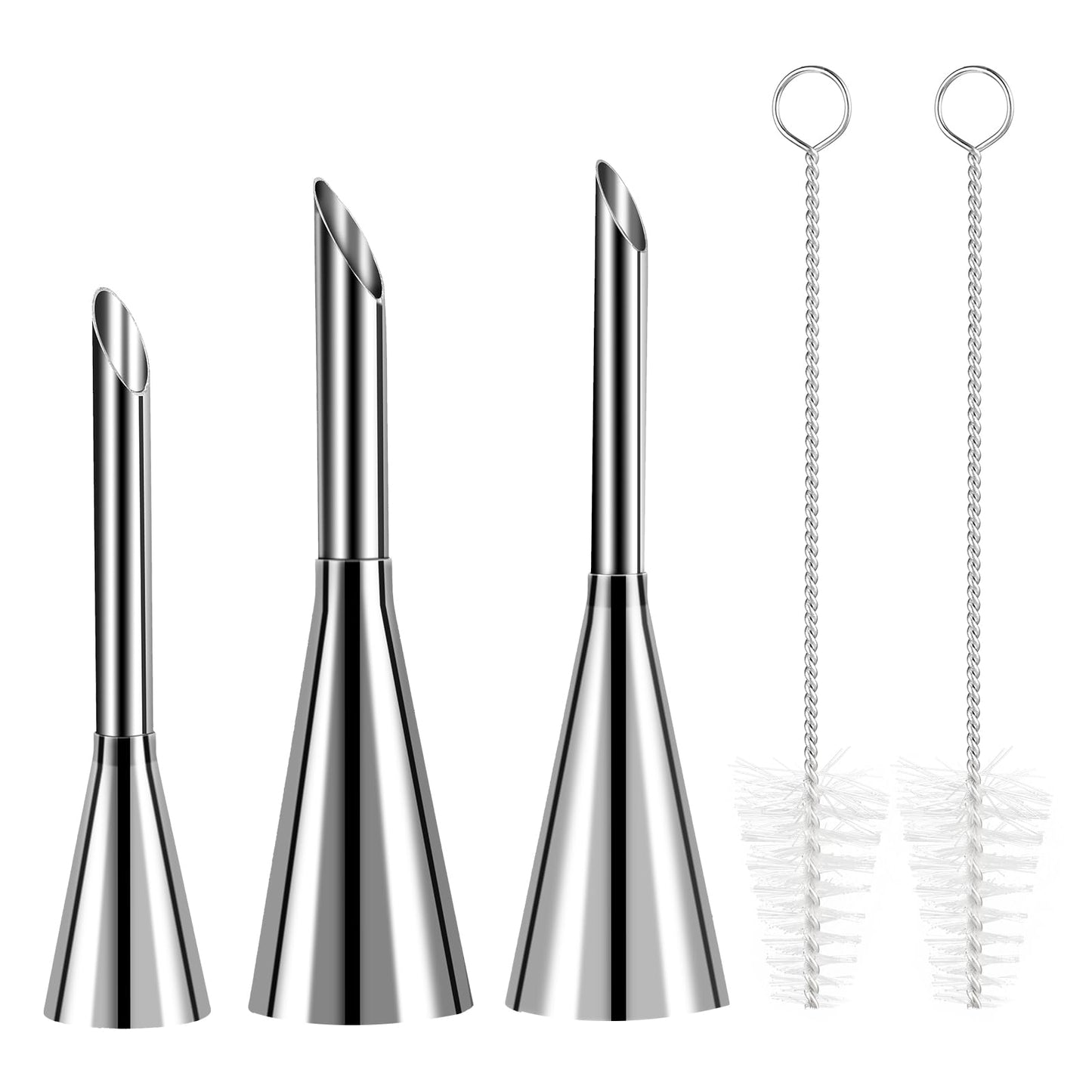 Mabor Churros Piping Tip Set (3pcs) - Stainless Steel Buttercream Piping Kit with 2 Brushes - Long Cream Icing Nozzles for Pastry Puff Cupcake Decorating Tools
