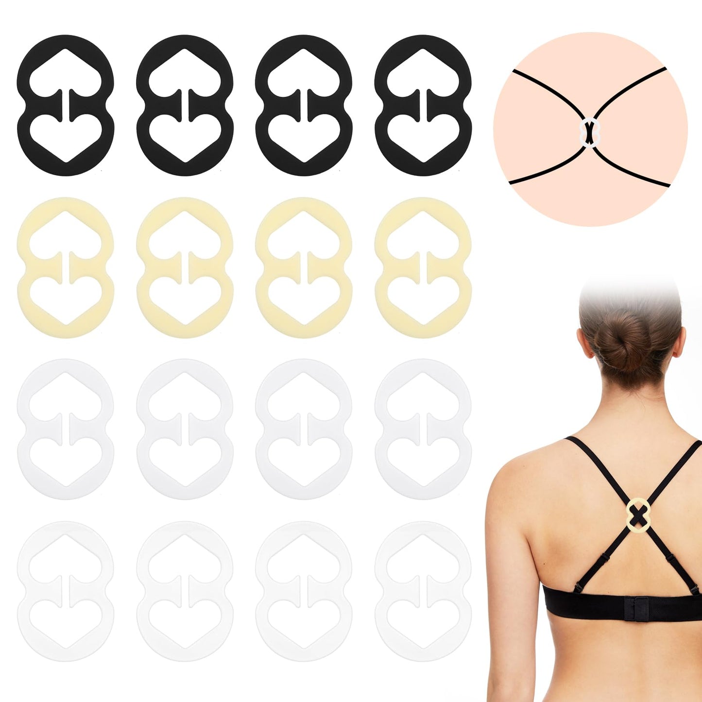 Nogeqi 16pcs Resin Bra Clips,Racerback Bra Clip,Bra Clips to Hide Straps,Bra Hooks for Racerback,Gourd Shapebra Bra Strap Clips for Women and Girl(Black White Skin Color Transparent)