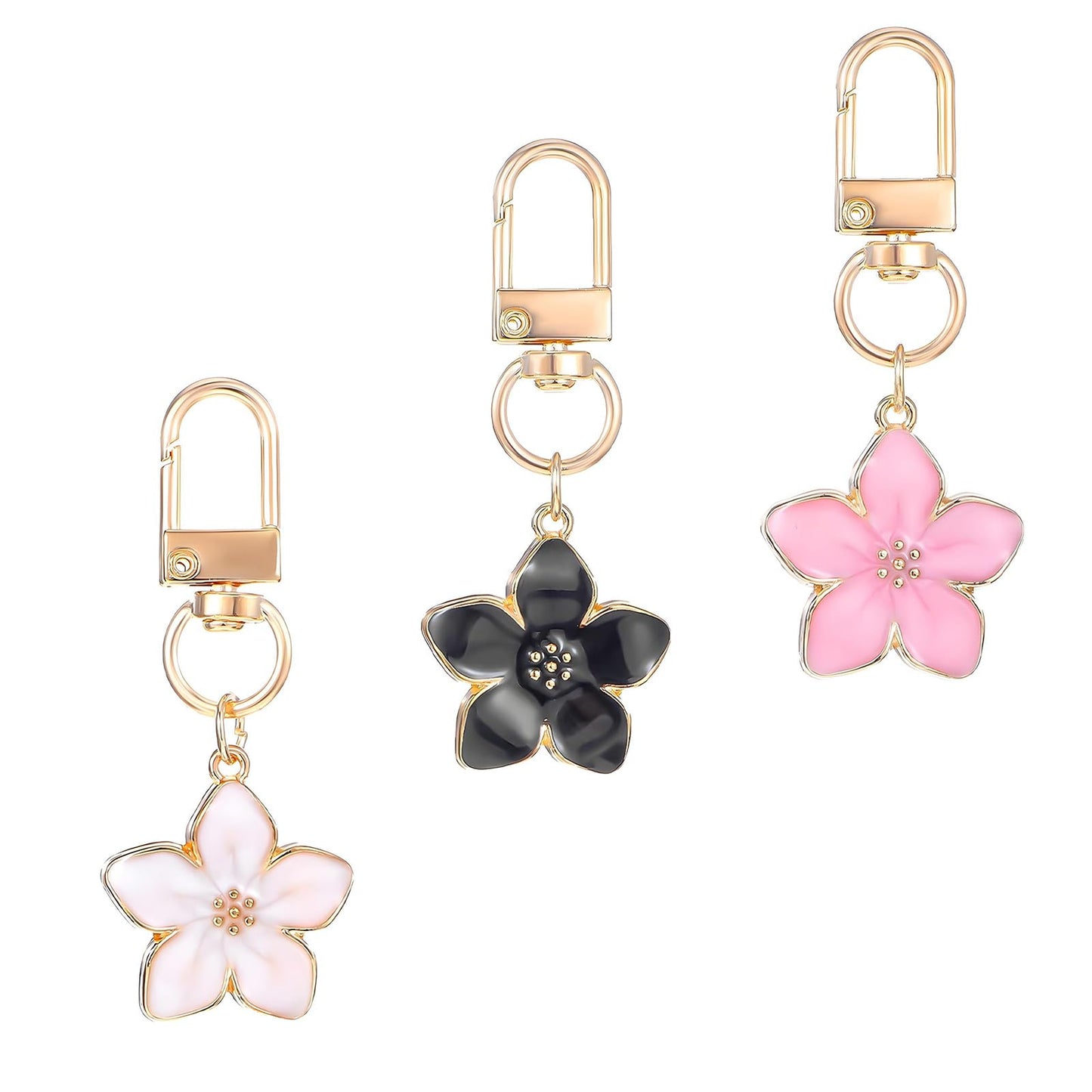 Nogeqi Pack of 3 Flower Keyrings, Aesthetic, Cute Flower Keychain, Cute Flower Keychain, Small Flower Pendant Bag, Women's Bag for Bag, Charms, Decoration (Pink, White), Black + White + Pink