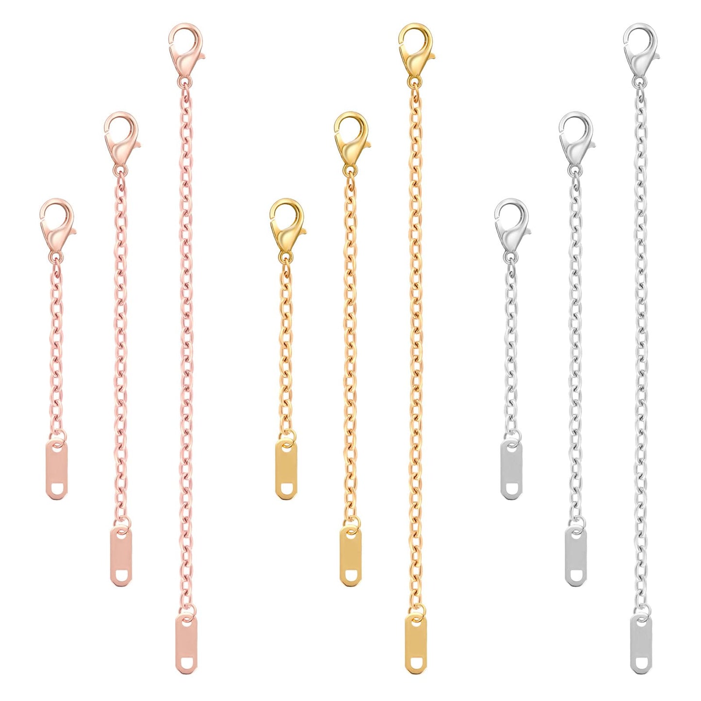 Mabor 9 Pcs Necklace Extenders,Chain Extender for Necklace,Gold Necklace Extender,Stainless Steel Jewelry Chain Extenders for Necklace Bracelet Anklet (Gold/Silver/Rose Gold, 5/10/15cm)