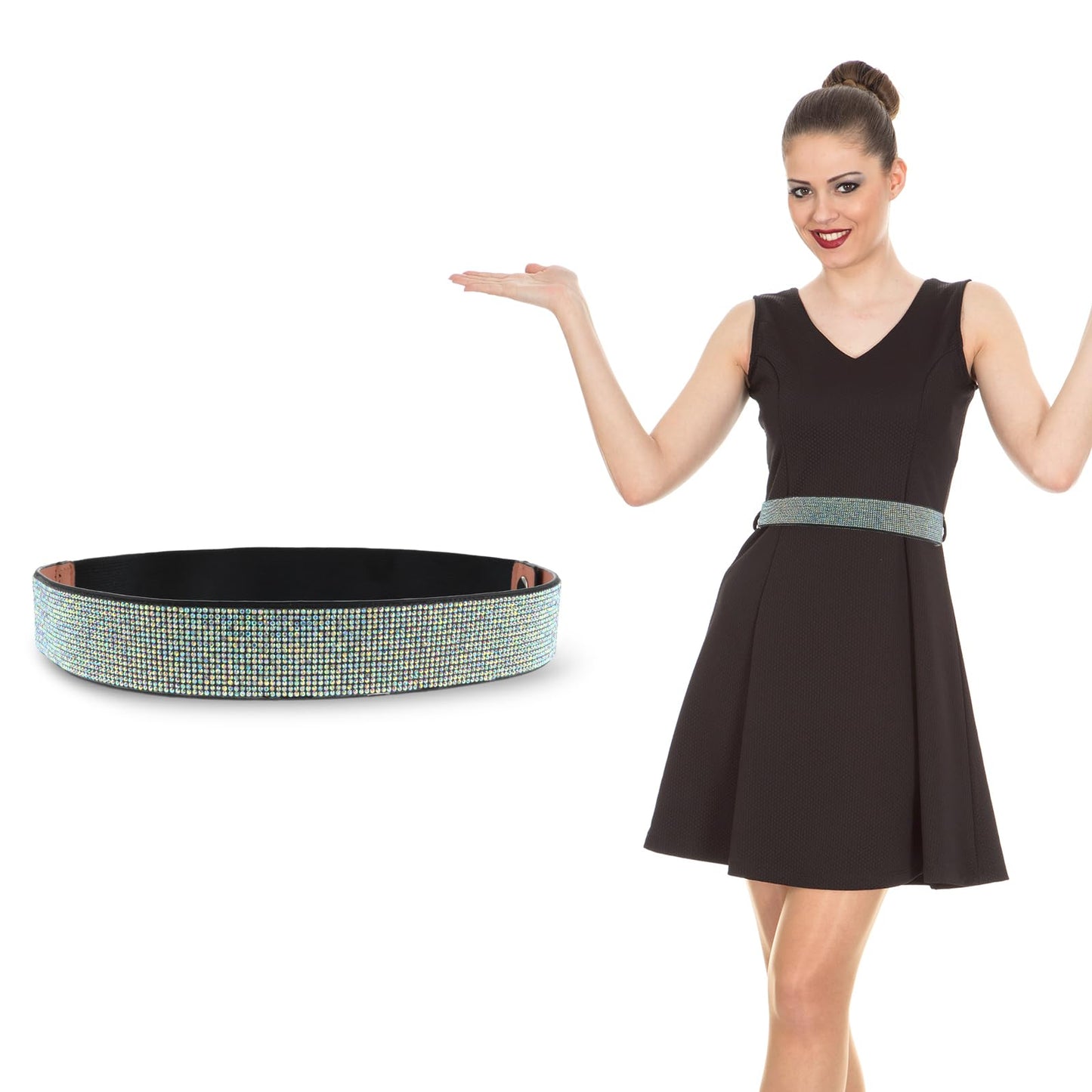 Mabor 1pcs Rhinestone Belt, Elastic PU Leather Shiny Crystal Stretch Waist for Women Dress (29.13x1.55in)
