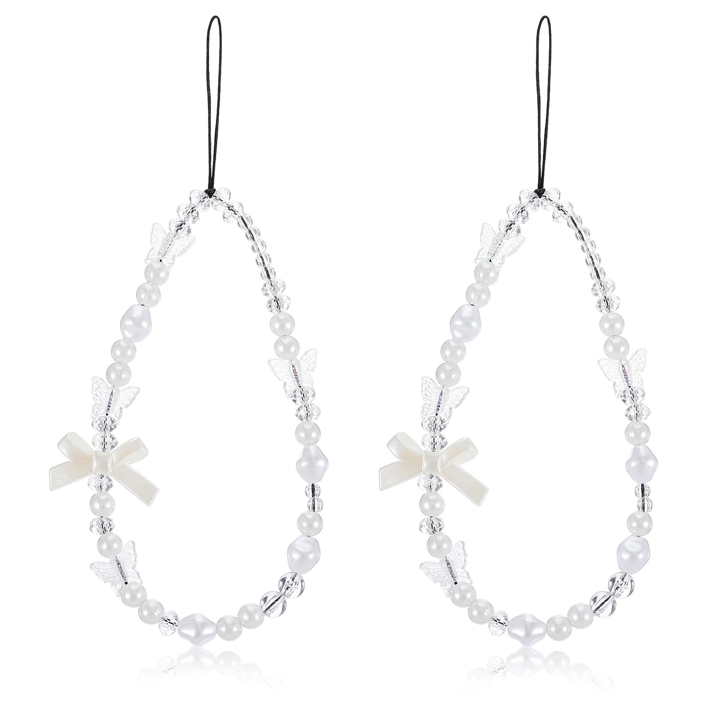 2 Pcs Beaded Phone Charm Beaded Phone Strap Cute Aesthetic Phone Chain Bow White Pearl Beaded Phone Lanyard Wrist Strap Anti Lost Phone Charm Strap for Women Hands-Free Bracelet Wristlet for Most Smar