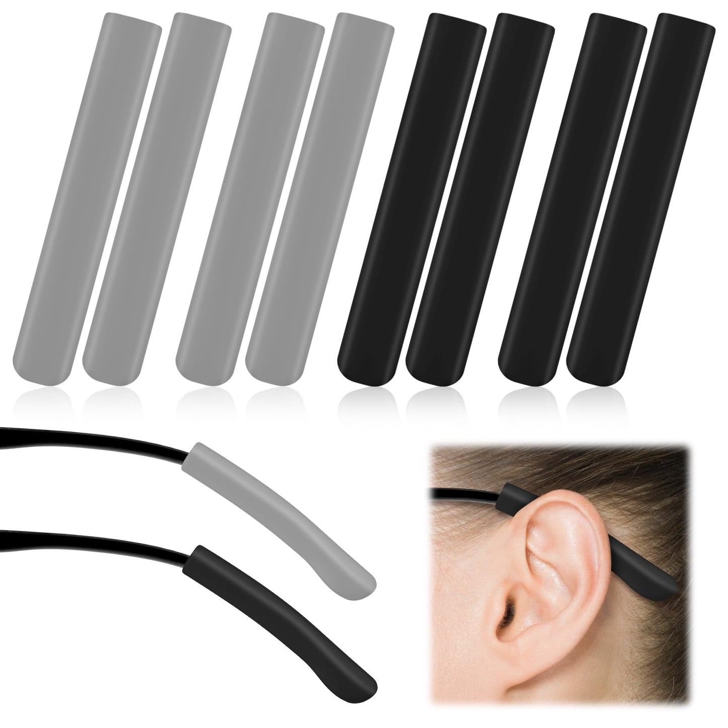 Tyqour 4 Pairs Soft Silicone Eyeglass Ear Cushions, Anti-Slip Glasses Grips for Behind the Ear, Eyeglass Ear Pads for Glasses, Glasses Slip Preventer for Glasses Sunglasses Eyewear(Black,Gray)