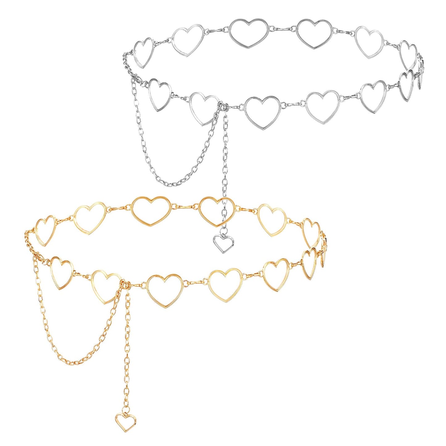 2 PCS Heart Chain Belt Y2k Waist Chain for Women Gold Silver Metal Heart Belly Skirt Chains Belt Adjustable Body Chains with Link Belts for Dress Jean