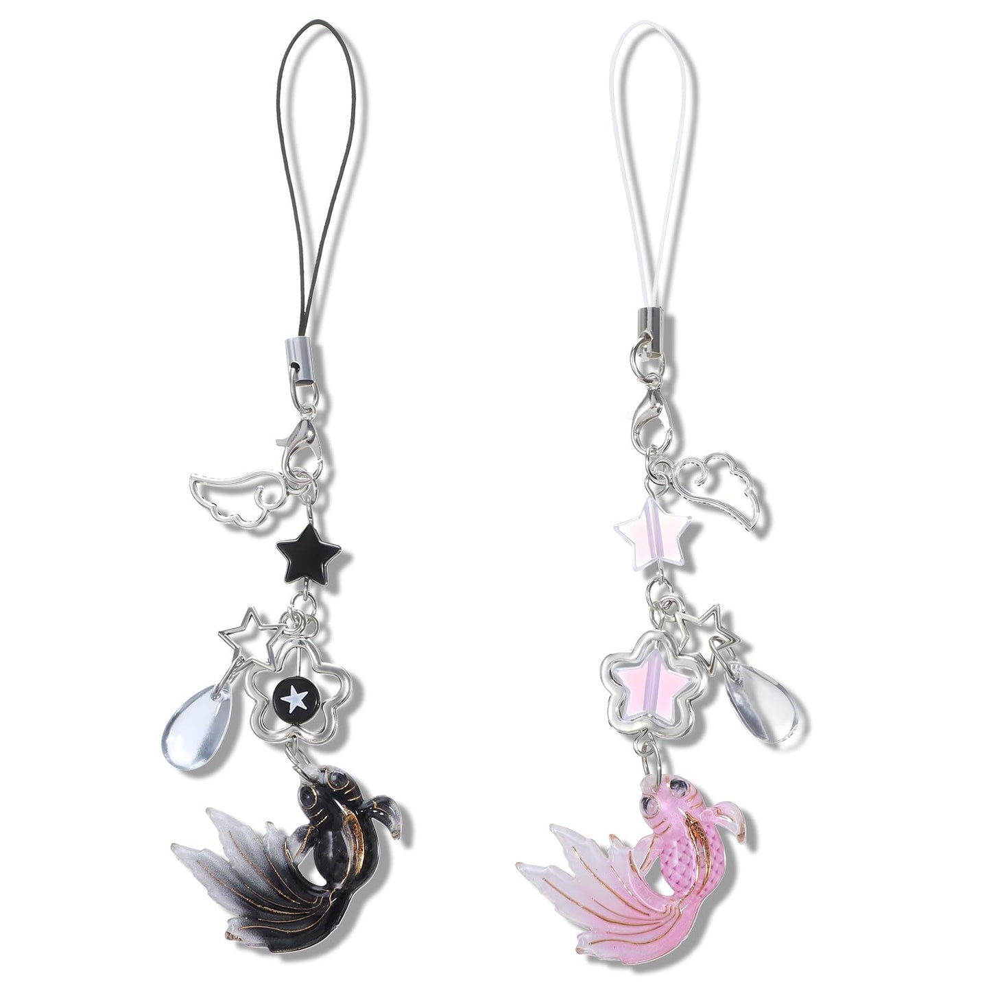 Xindojuz 2 PCS Cute Cell Phone Charms, Aesthetic Y2K Pink Black Phone Charm Star Heart Goldfish Phone Straps Charms Y2K Keychain Accessories for Women Men Phone Bag Camera Wallet Purse Pendants Decor