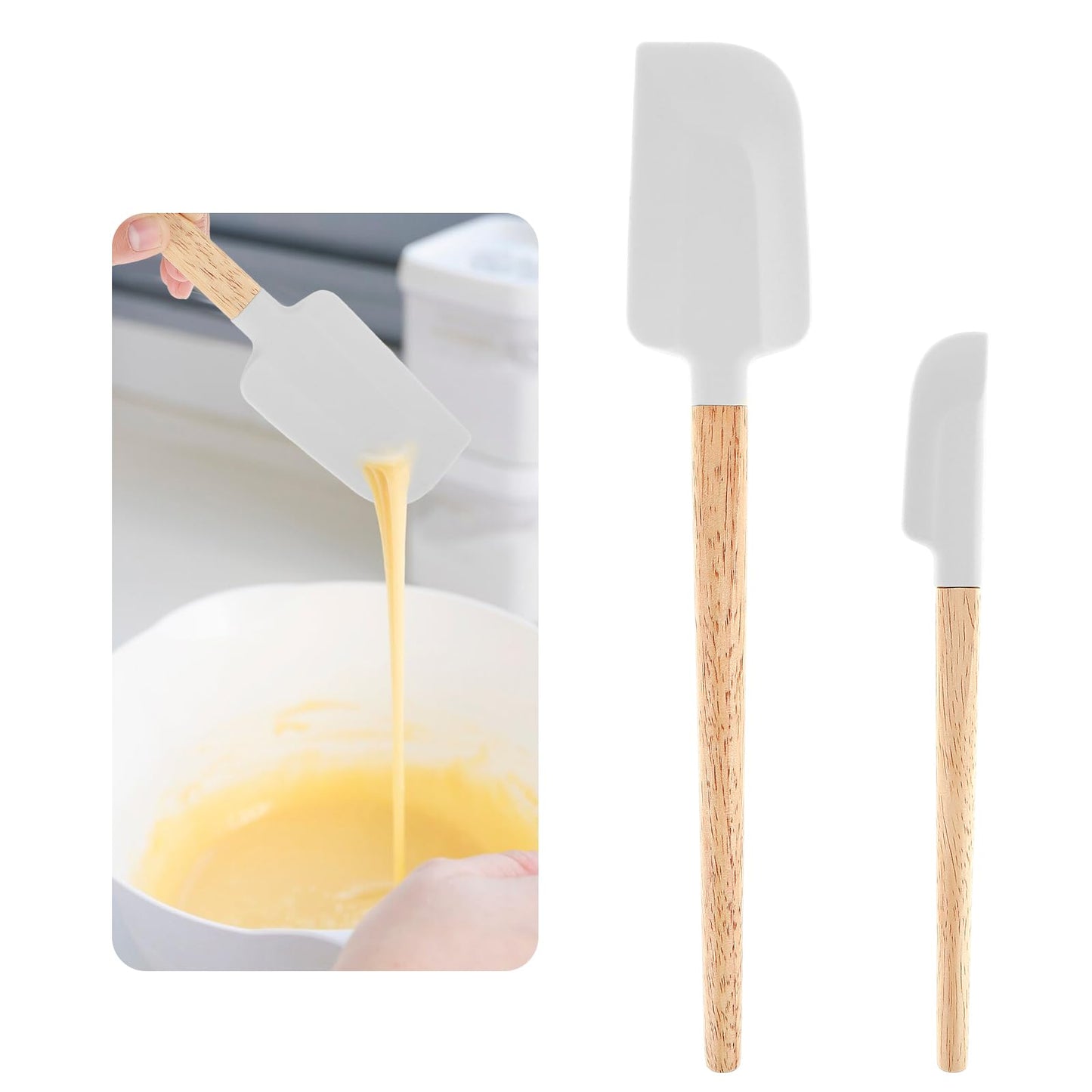 Ymapinc 2pcs Wooden Spatula,Rubber Spatulas,Food-Grade Silicone & Safe snd Secure,Kitchen Spatulas,Wood Handle Spatula,Silicone Baking Spatula