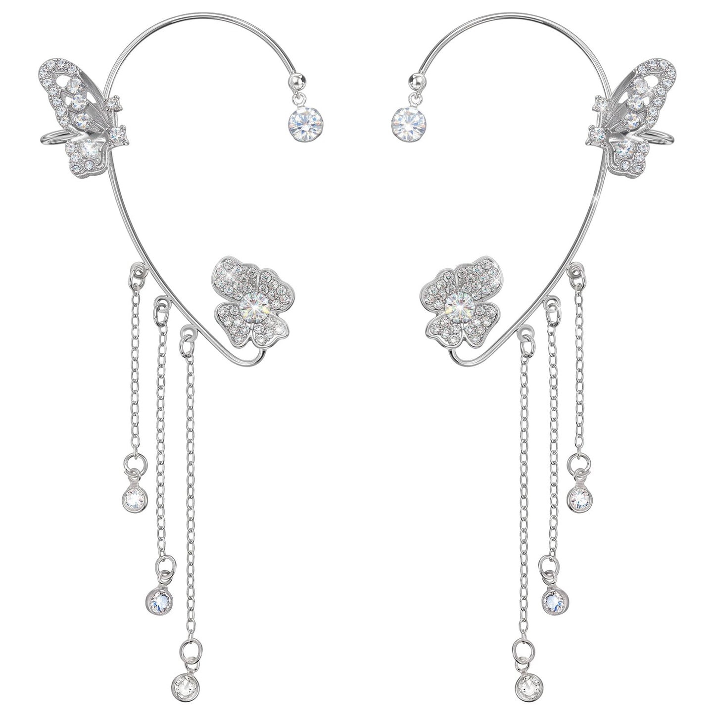 Chsoejuf 2PCS Butterfly Ear Cuffs Wraps, No Piercing Flower Tassel Earrings