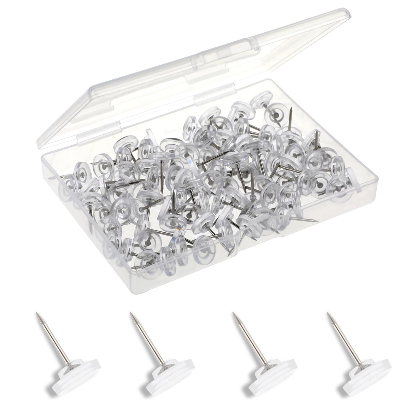 100PCS Clear Thumb Tacks for Walls Clear Push Pins Flat Head Steel Point and Head Pushpins Transparent Plastic Head Thumbtacks for Cork Board Bulletin Board Posters Photos Maps Wall Hangings
