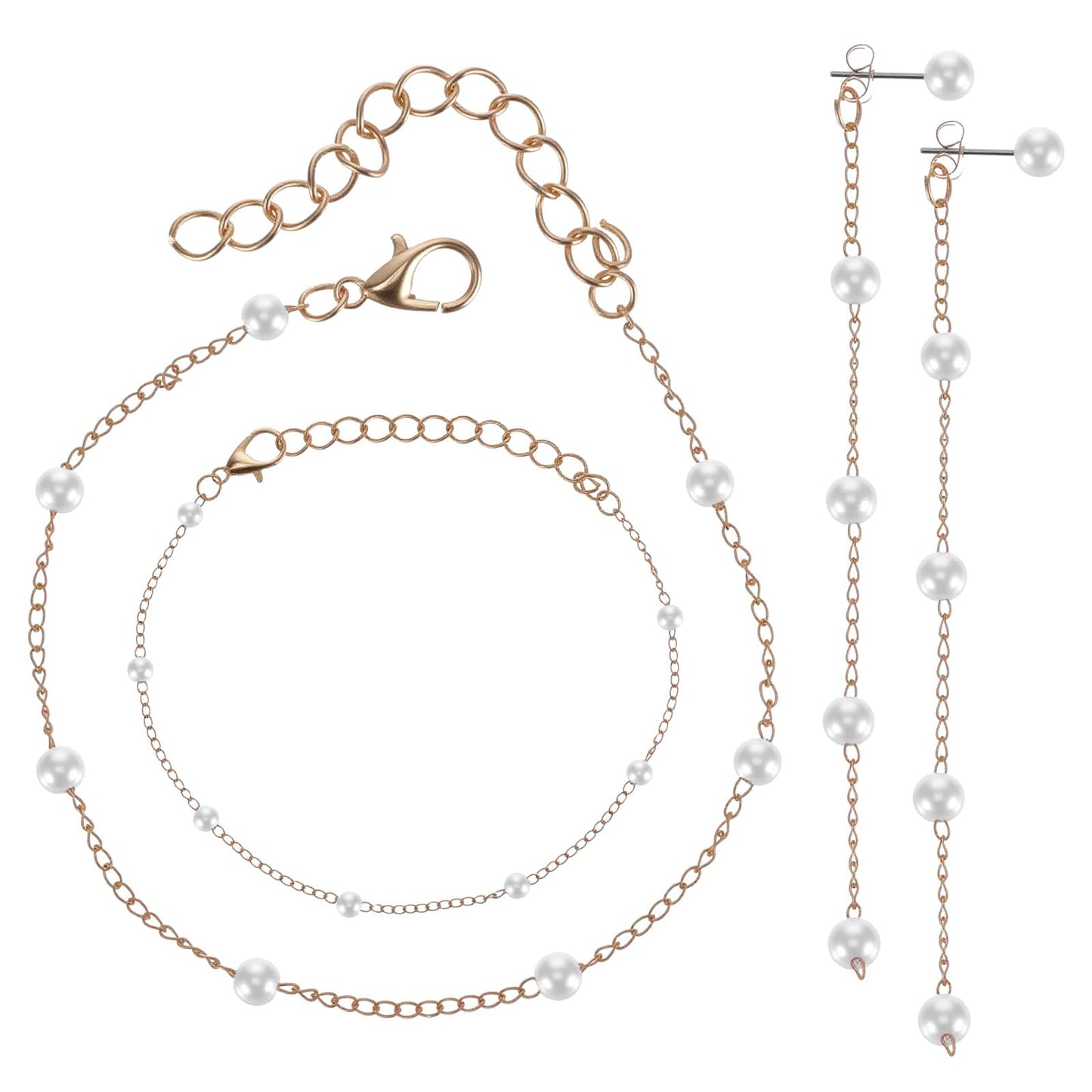 3 PCS Pearl Bridal Jewelry Set Gold Pearl Necklace and Earring Set Dainty Pearls Bracelet Handmade Pearls Golden Necklace Non Tarnish Simple Cute Jewelry Gifts for Women Wedding Trendy (Gold)