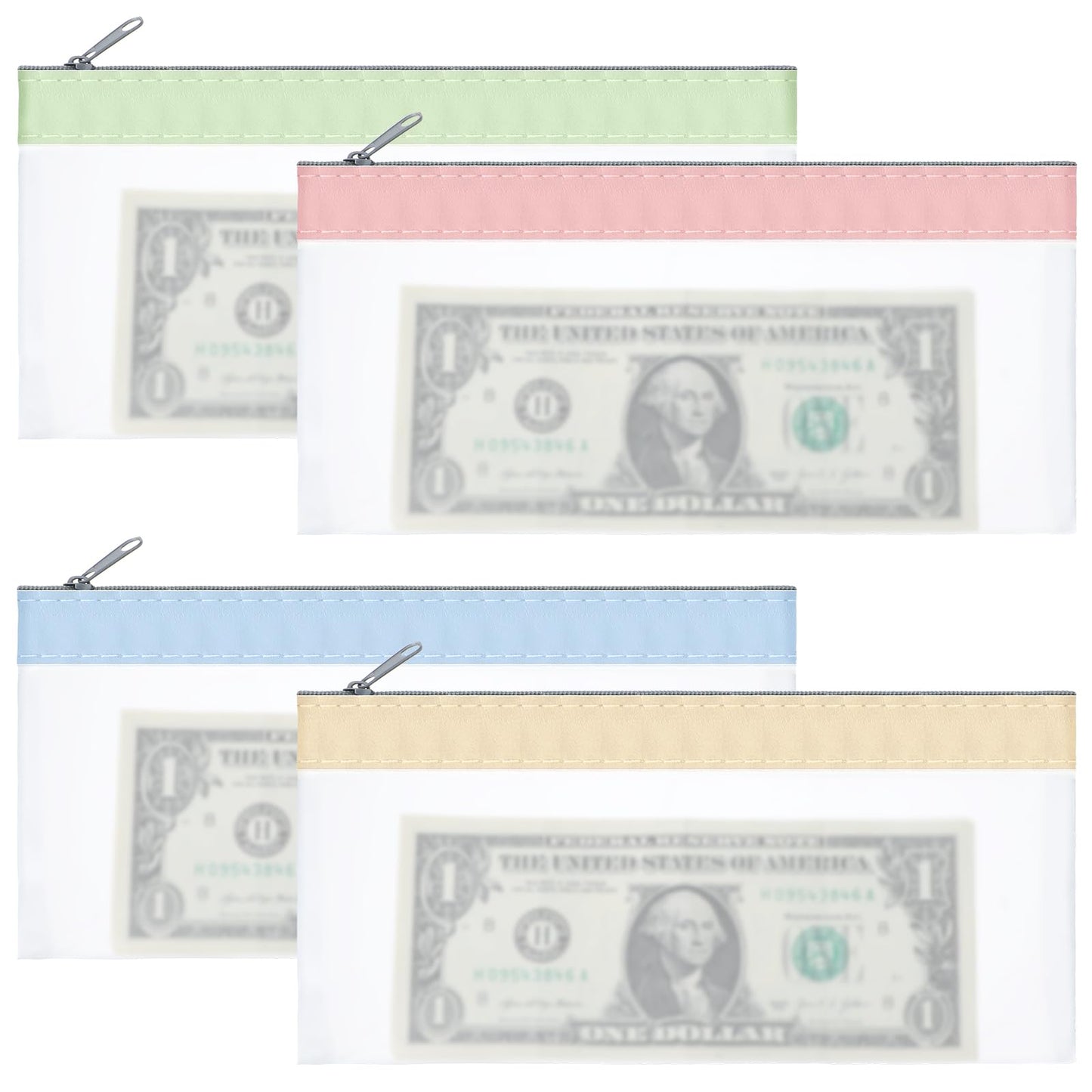 4 Pack Clear Money Bags with Zipper, 8 X 4.13 Inch 4 Colors Money Envelopes Multi Purpose Cash Pouch Wallet for Bank Deposits, Coin Storage, Check Wallets Collectors and Bank Tellers