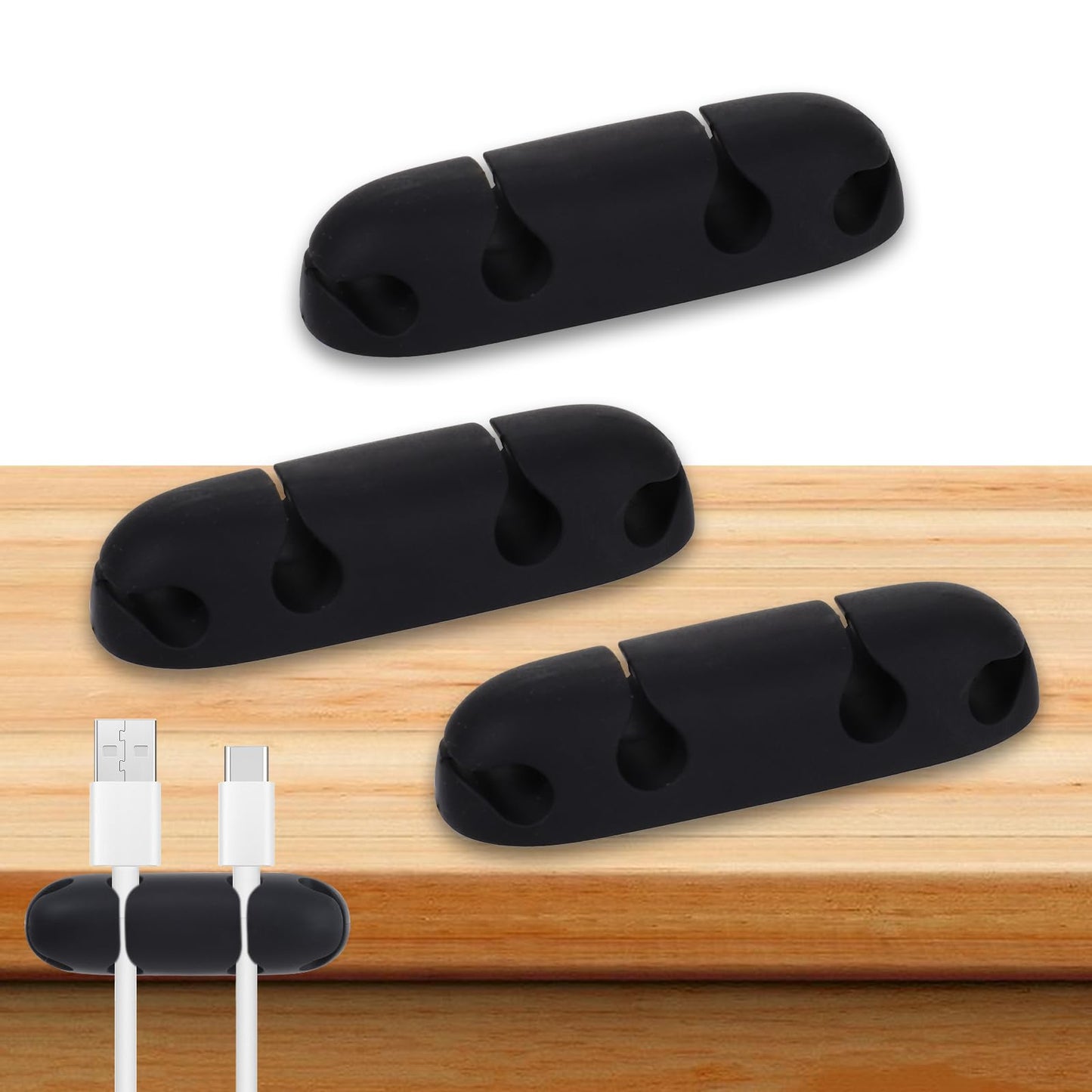 Mabor 3PCS Cable Clips Cord Organiser Electrical Wire Cable Management Holders 4 Hole Silicone Cute Cable Holder for Desktop USB Charging Cable Nightstand Power Cord Office Home (Black)