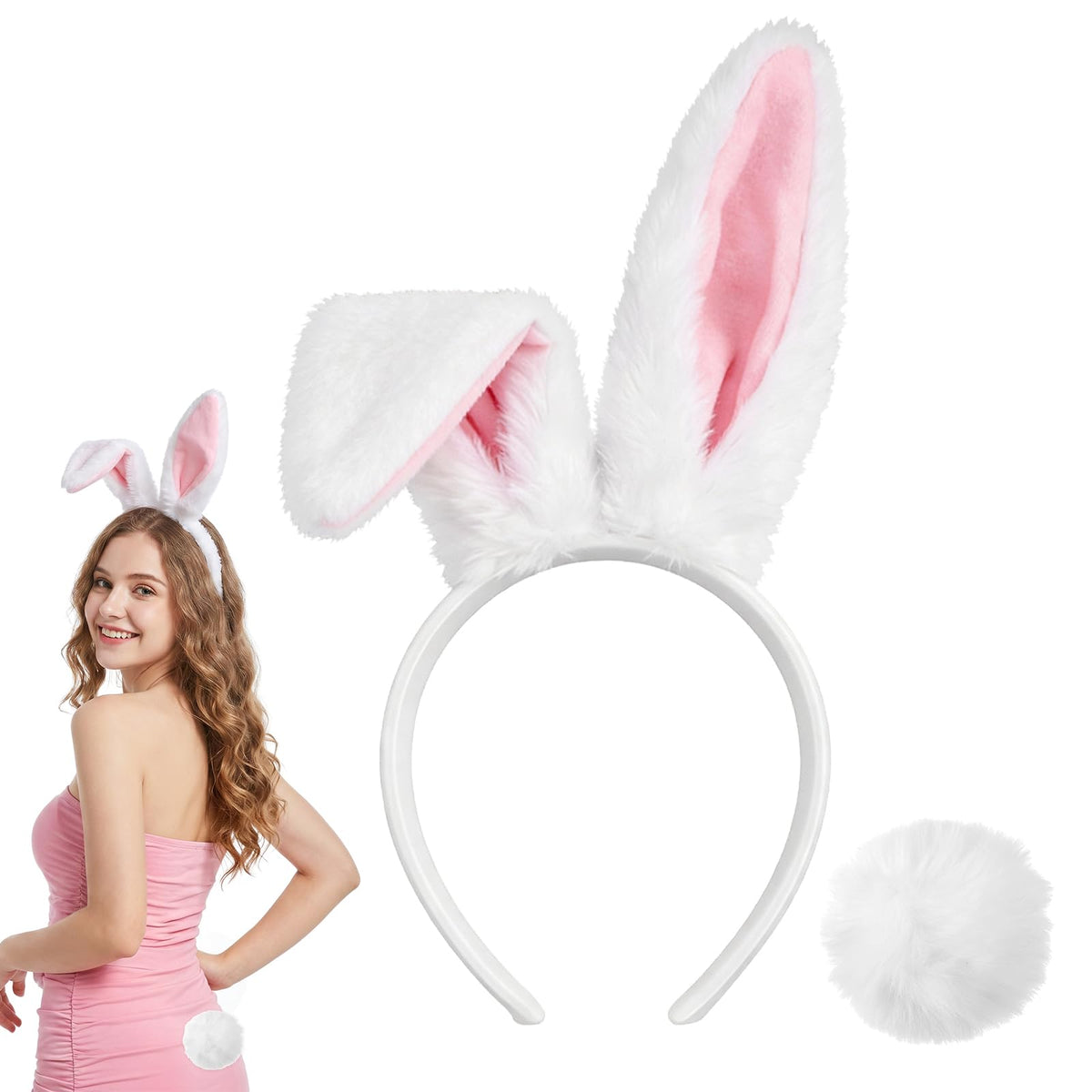 Bnehmb White Bunny Ears and Tail Set Plush Bunny Ears Headband Rabbit Ears