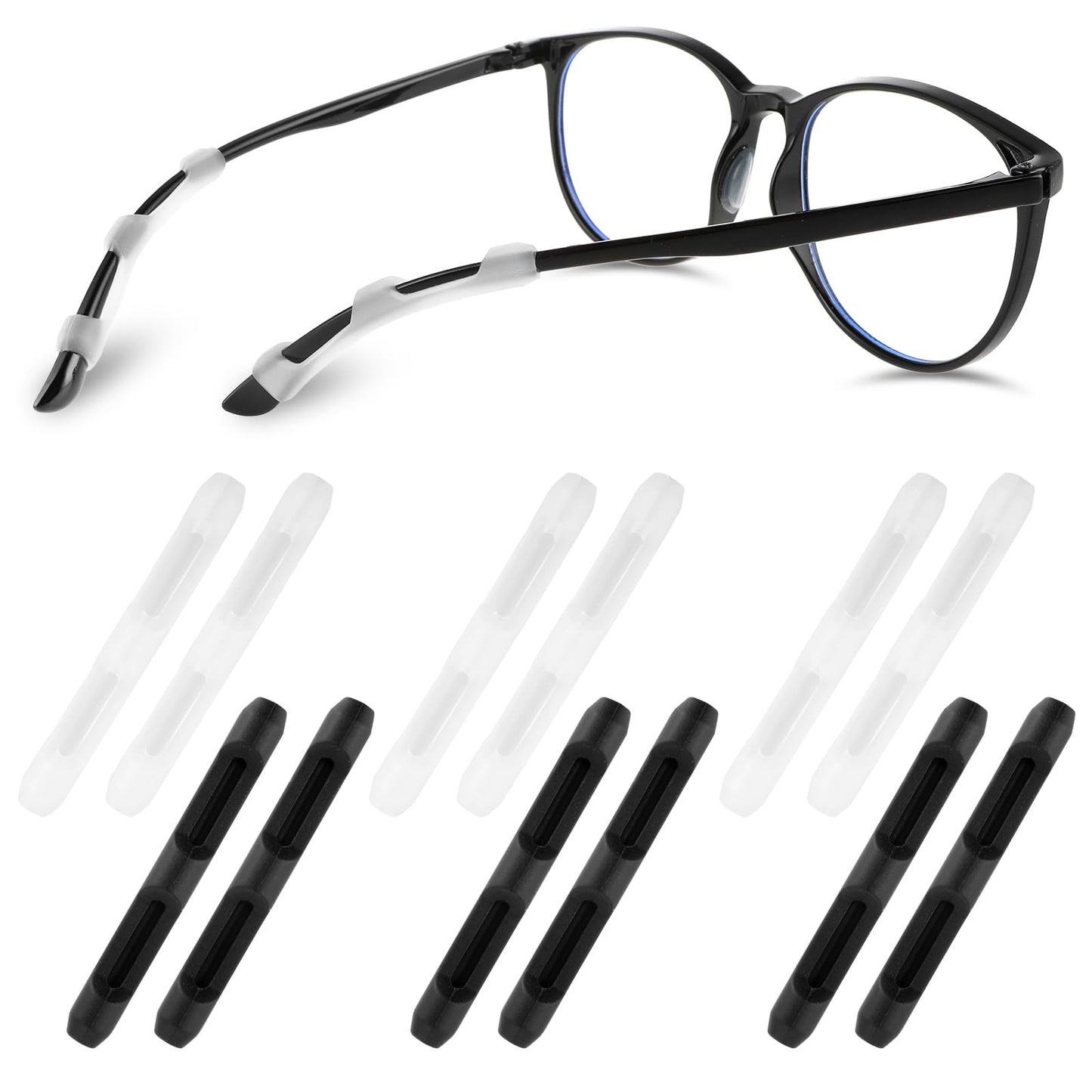 Eyeglass Ear Grips Soft Silicone Eyeglasses Temple Tips Sleeve Retainer Anti Slip Glasses Ear Grip Comfort Ear Grip Hook for Sunglasses Reading Glasses Sporting Eyeglasses, 6 Pairs (Black and Clear)