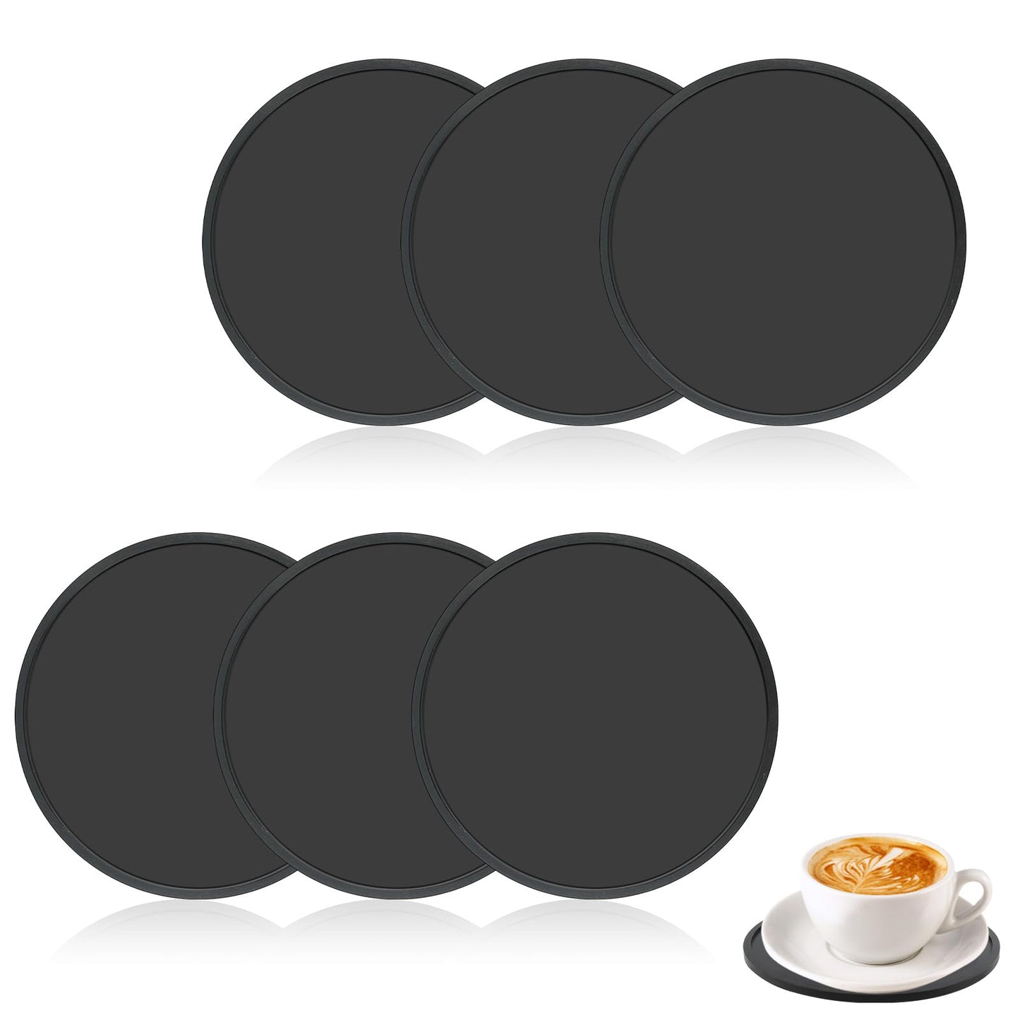 Drink Coasters Set of 6,Non Slip Black Silicone Coasters with Deep Tray Grooved Design Anti Slip Cup Mat, Washable Heat Resistant Durable Rubber Coasters for Coffee Beverage Tea Desk Kitchen and Bar