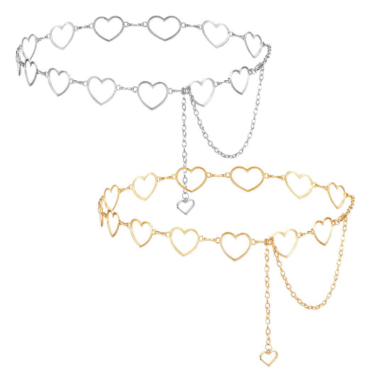 Waist Chain Belt for Women, 47 inches Adjustable Metal Body Belly Chain with Heart Design Rhinestone Gold Silver Chain Belts for Dresses, Jeans, Swimwear (Gold, Silver)