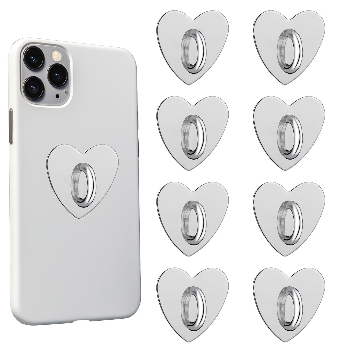 8 PCS Phone Charm Hook Cell Phone Ring Holder Adhesive Metal Phone Finger Grip Loop Stand Heart Holder Universal Ring Holder for Cell Phone Tablet DIY Accessories (Silver, Heart Shaped)