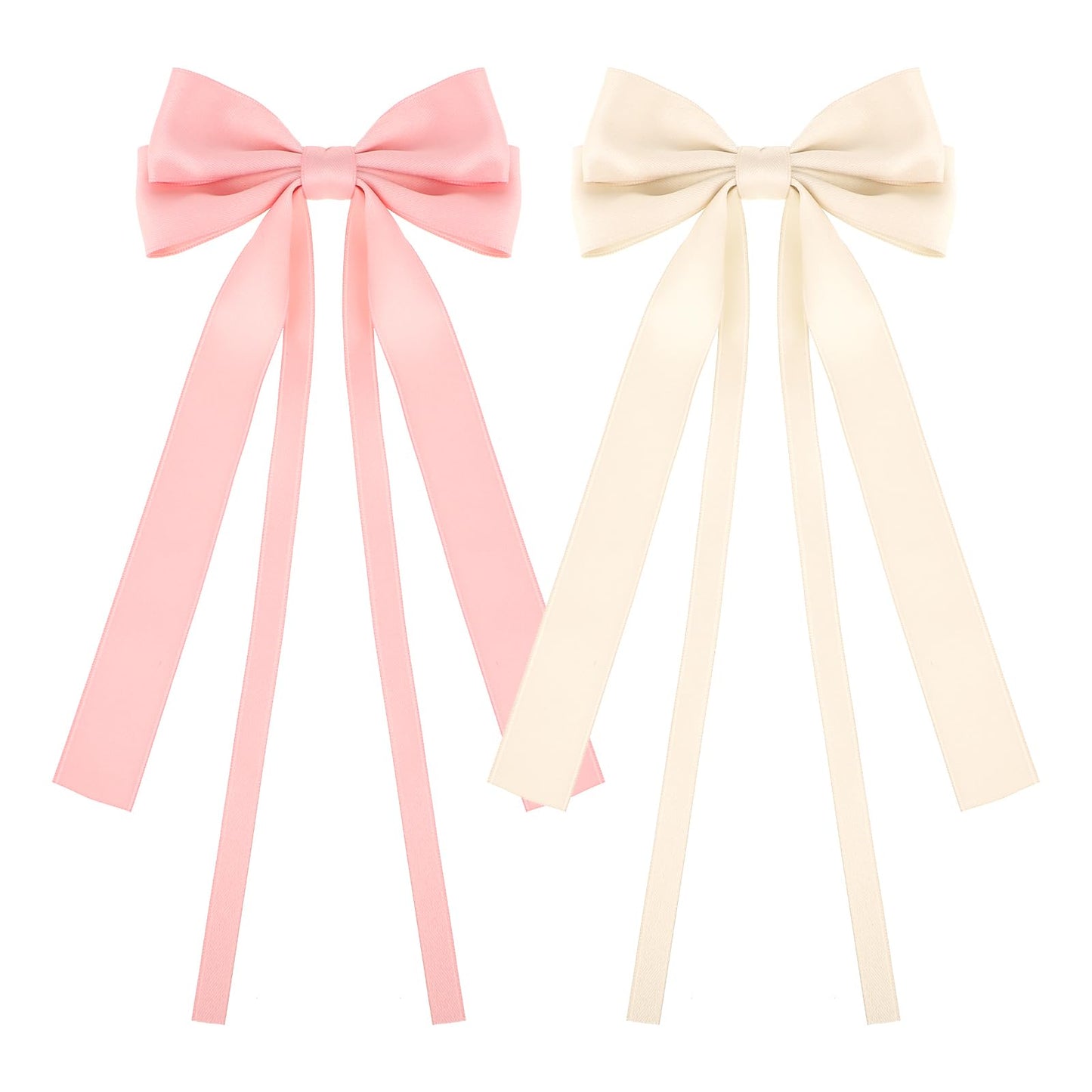 2 PCS Satin Bows for Hair Ribbon Bows for Women Silky Satin Hair Bows Coquette Bows Hair Bows for Women Long Tail Tassel Big Bowknot Accessories for Hair Design (Pink+Beige)
