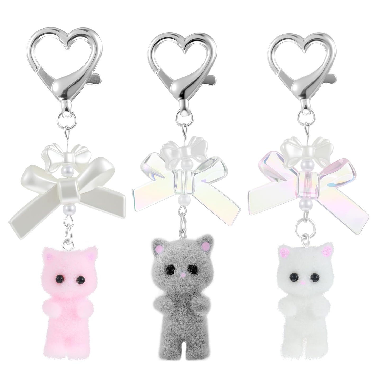 3 Pcs Bag Charms Cute Kitty Keychain Fuzzy Decor Gifts Cat Lovers Cute White Keychain Aesthetic Y2k Kitty Cat Stuff Decor Kawaii Heart Bow Pendent Key Chain Bag Purse Charm Accessories