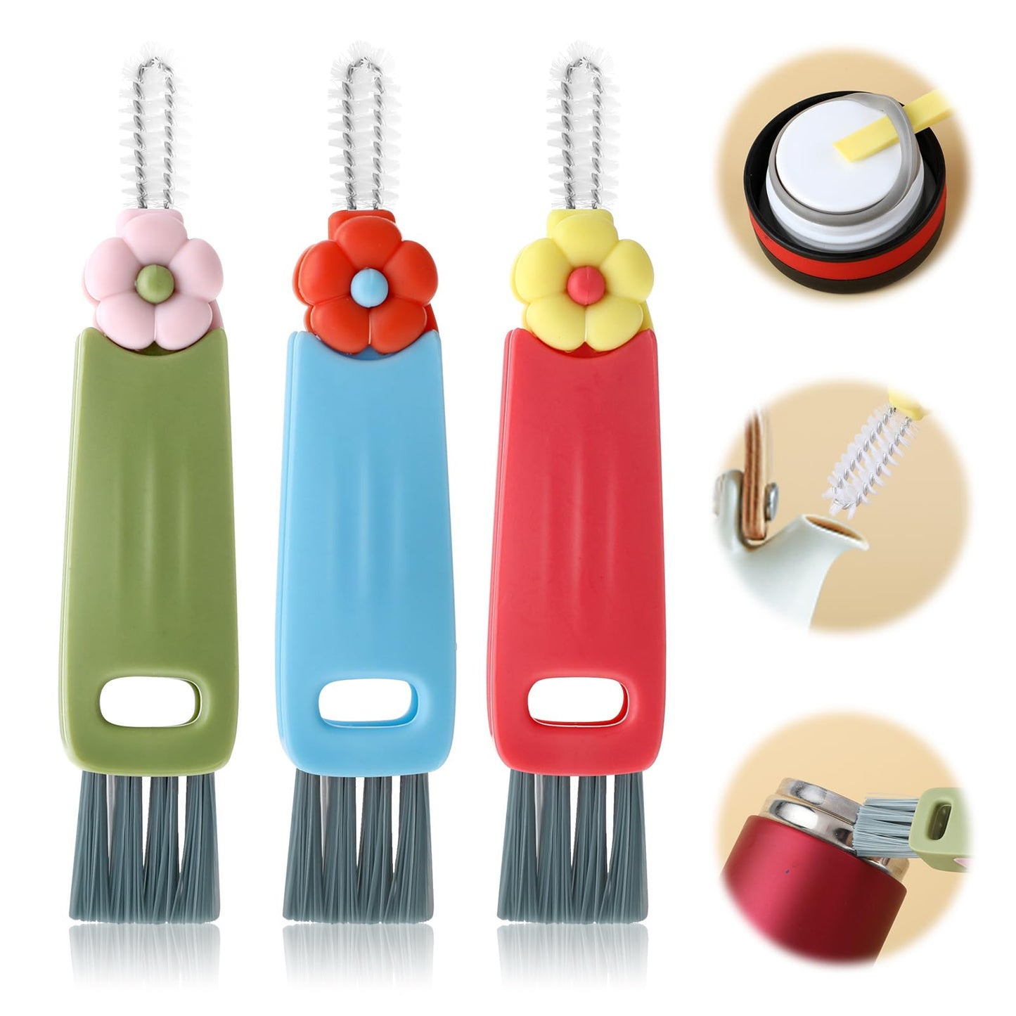 3PCS Water Bottle Brush 3 in 1 Cup Lid Cleaning Brush Portable Sealing Cover Cleaner Multifunctional Baby Bottle Gap Tight Spaces Crevice Lid Brush Cleaner for Sealed Food Storage Containers with Lids