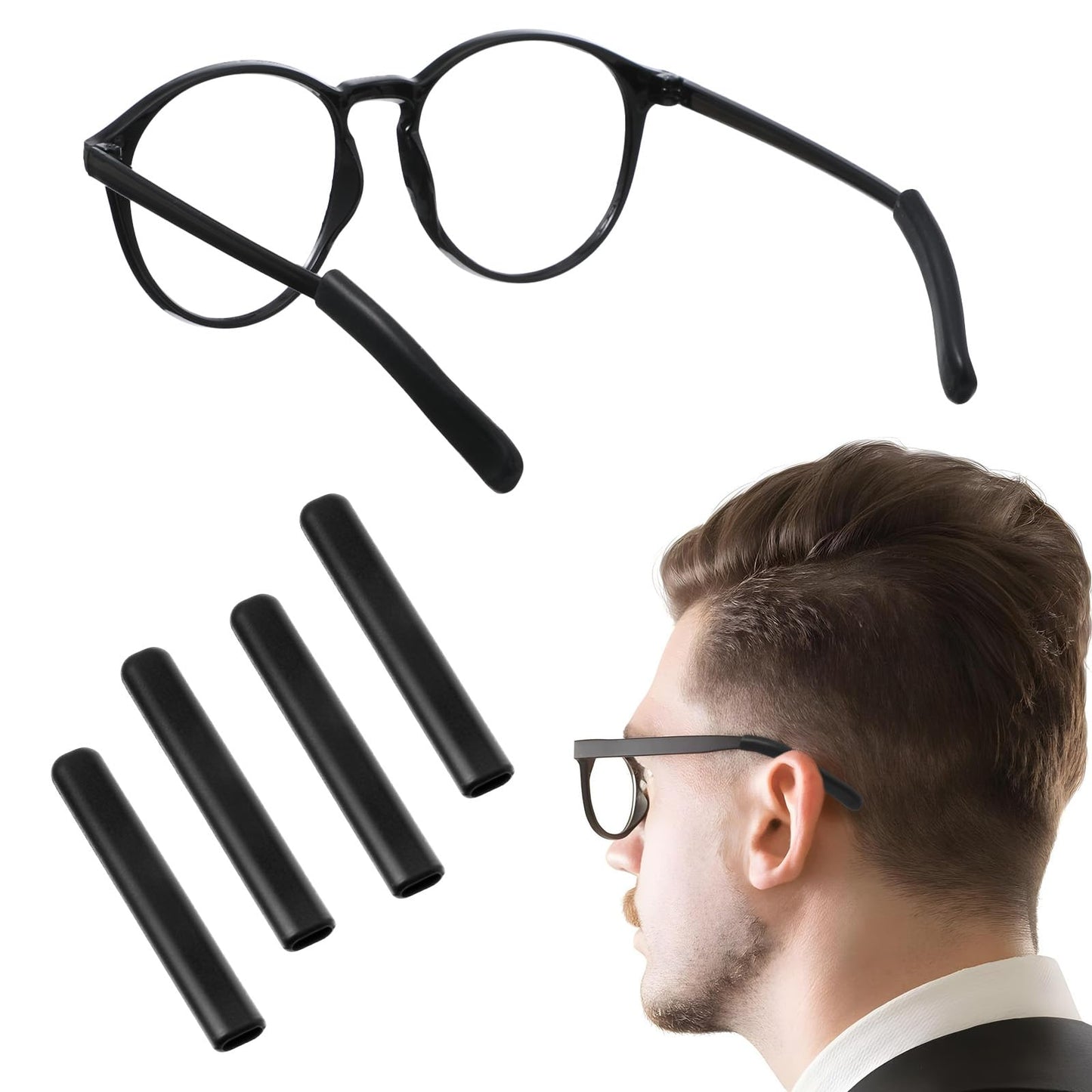 4 PCS Silicone Glasses Non Slip Ear Cushion, Anti Slip Grip Eyeglasses Temple Tips Sleeve, Cushion for Glasses Grips for Behind The Ear for Glasses Slip Preventer (Black)