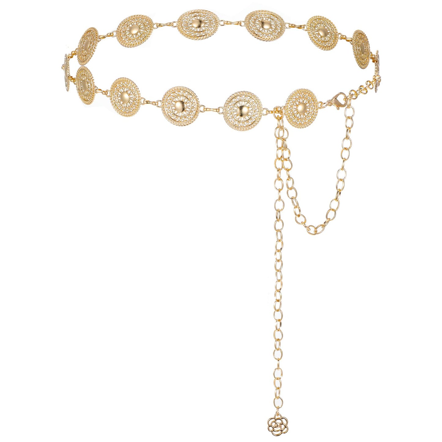 Xindojuz 1 PCS Gold Belt Chain, Metal Belly Chain Western Waist Belt for Women Dress, Adjustable Country Boho Cowgirl Waist Chains for Jeans Concho Concert Gold Chains Hip Belts (116 cm)