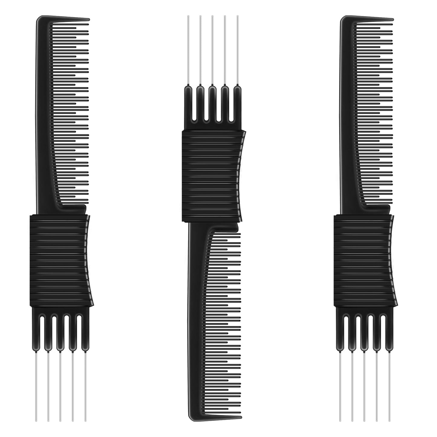 3Pcs Pin Tail Comb Black Carbon Lift Comb With Metal Tail Styling Fork Comb With 5 Stainless Steel Pins Black Carbon Comb Styling Lifting Back Hair Comb For Women Men Most Hair Styling Salon