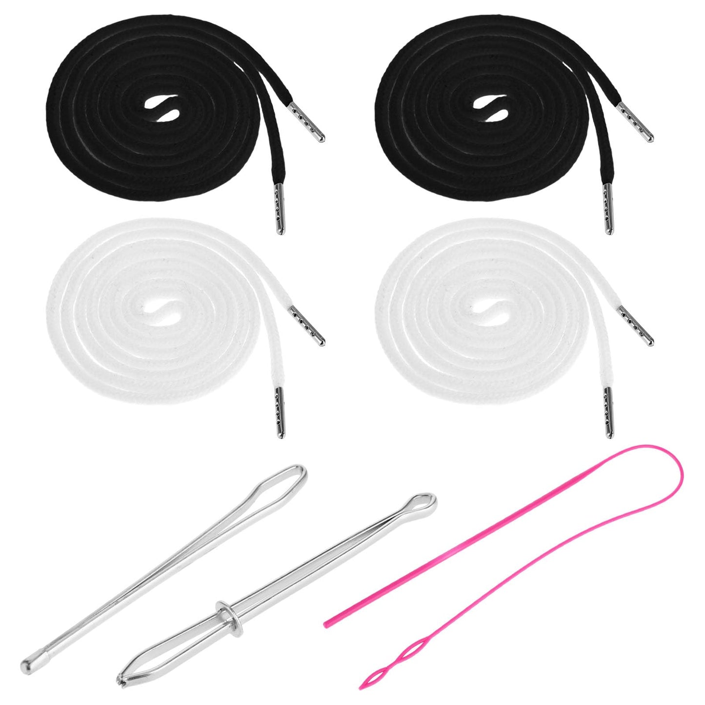 4 Pcs Drawstring Cords Replacement 53 Inch Hoodie String Replacement Drawstrings for Sweatpants Clothing Drawstring with Easy Threader for Shorts Pants Jackets Coats(Black, White)