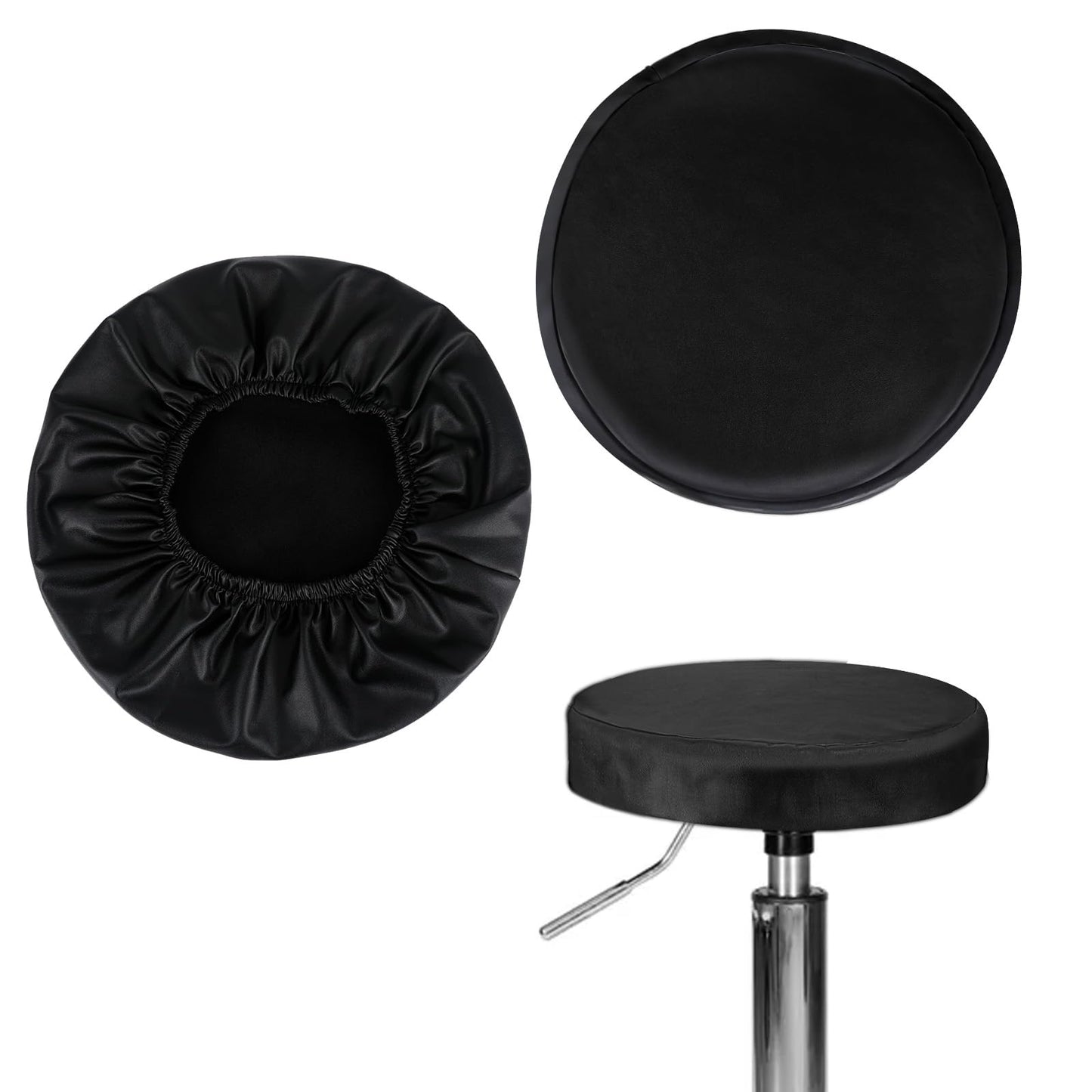 Sorcristy 2 Pack Round Bar Stool Cover, 13.4 Inches Round Faux Leather Stool Cover Waterproof Seat Cushion, Bar, Kitchen, Dining Room Slip Cover Home Office Chair (Black)