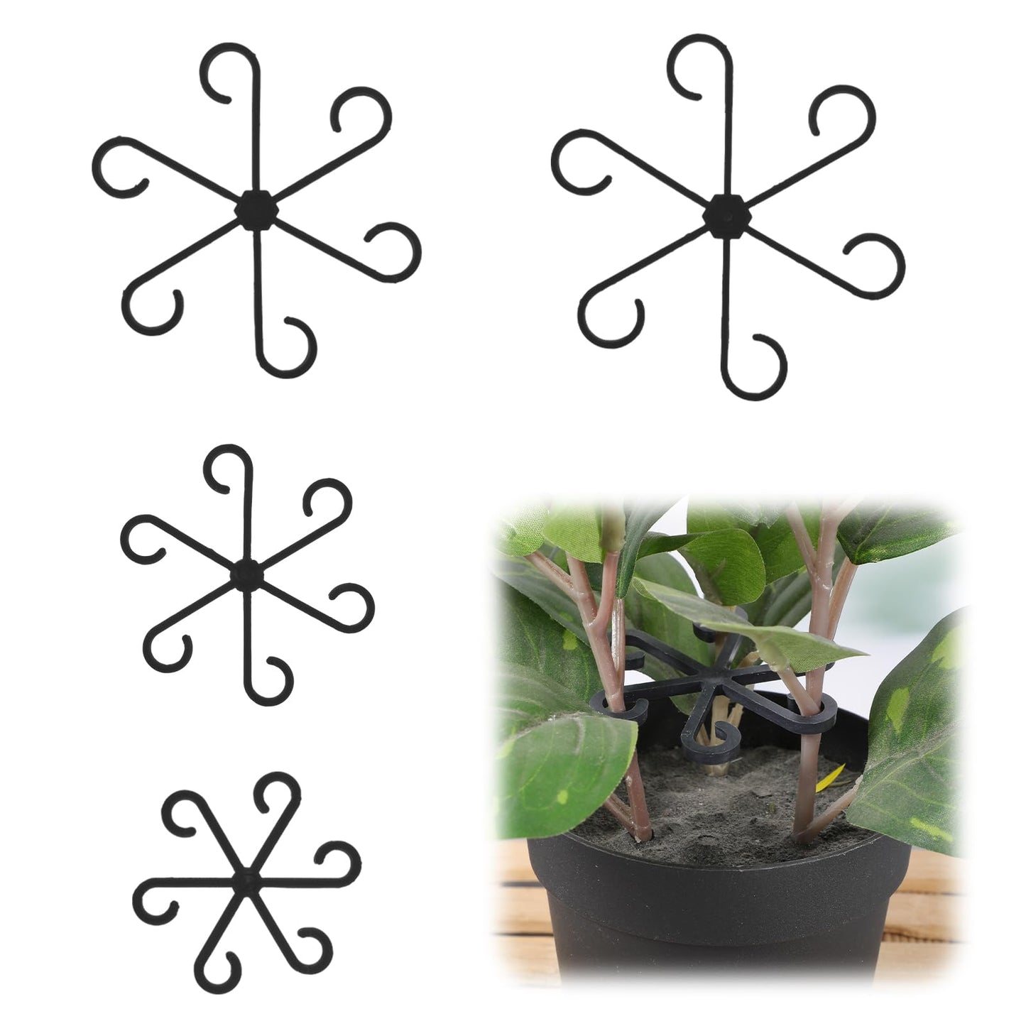 Xindojuz 4 PCS Plant Stem Support, Different Sizes Climbing Houseplant Stem Supports, Plastic Plant Climbers Stem Holders Reusable Climbing Plant Stakes for Indoor Plants Growth Accessories(Black)