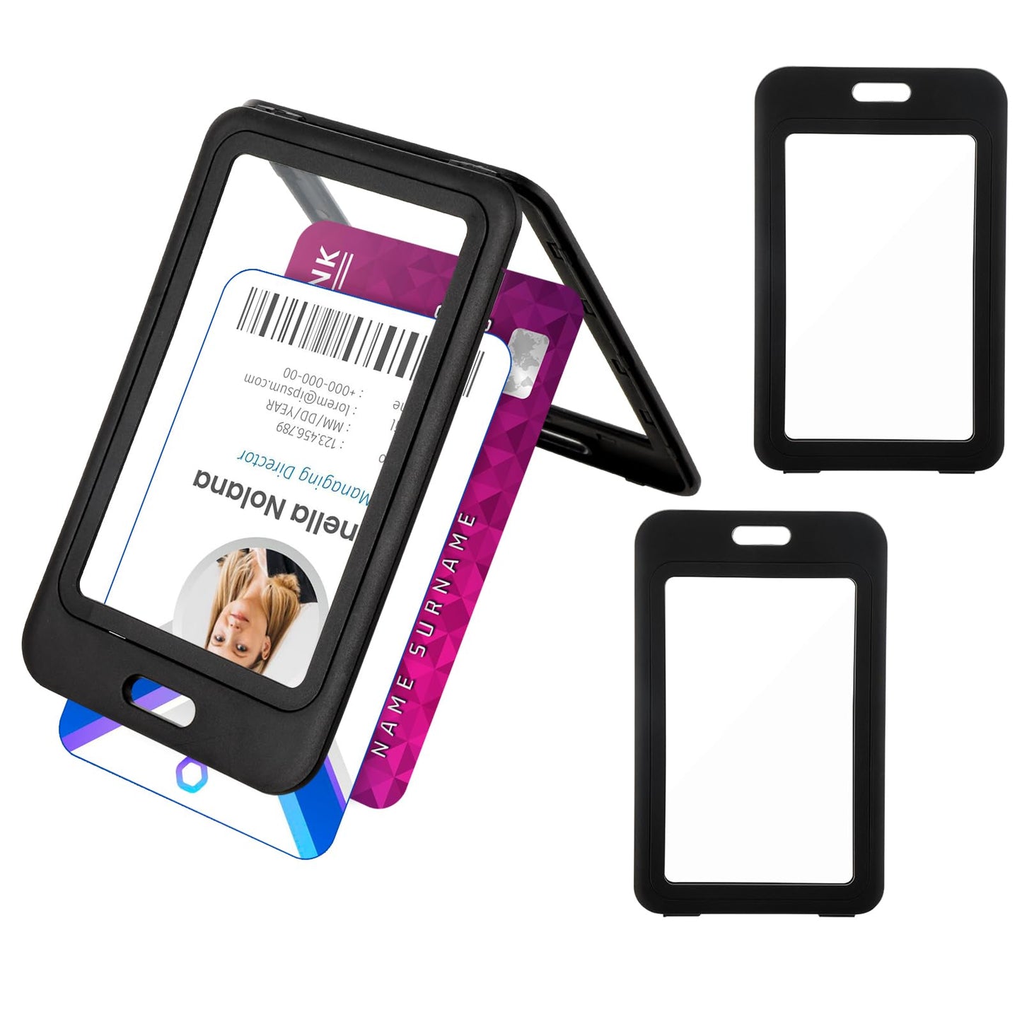 Ymapinc 3 Pack ID Badge Holder with Double-Sided Clear Windows Hard Plastic Vertical ID Card Holder Black ID Card Case Protector for Office, School, Conference, ID Credit Card