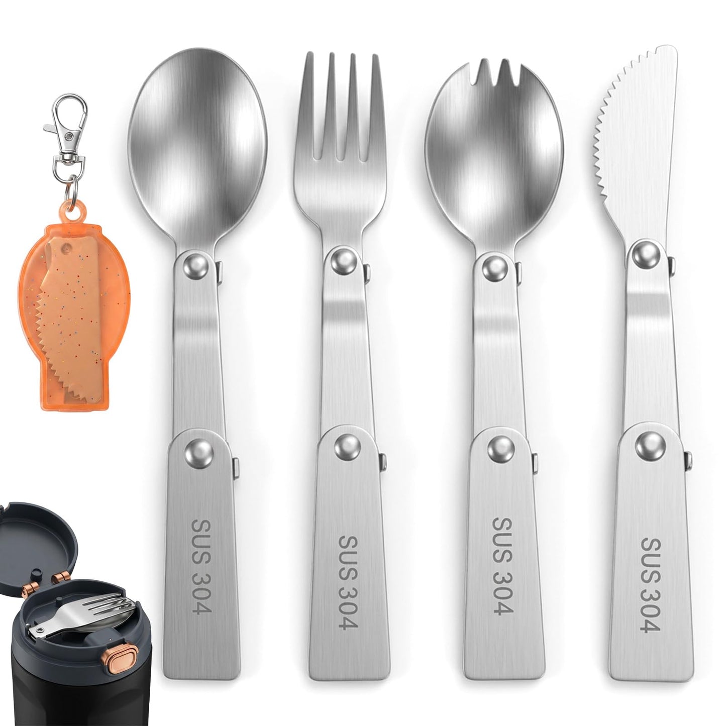 Stainless Steel Folding Spoon Set, Portable Folding Spoon and Fork, Foldable Spork Fork Spoon Set for Yoghurt Cups, Folding Cutlery Set for Camping, Travel, Camping Cutlery Outdoor