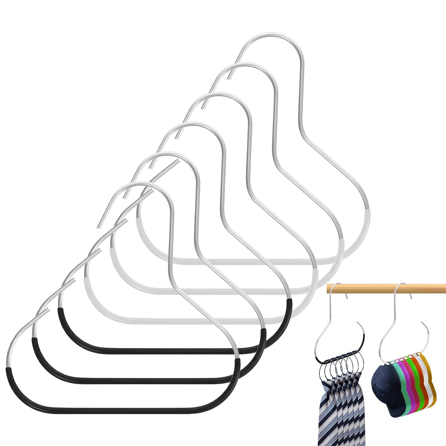 6 Pack Hat Organizer for Baseball Caps Metal Ball Cap Hat Racks Storage Organizer Hanger Holder Closet Handbag Stainless Steel Hats Hangers hanger for hats for Beanie Belt Tie Purse (Black White)