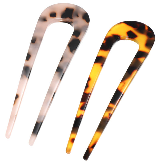 2 Pack French Hair Forks 4Inch Tortoise Shell U Shaped Hair Pins Cellulose Acetate U Shape Chignon Pin Large French Hair Pin Leopard Color French Pins For Thick Hair Buns Vintage Hairstyle Accessories