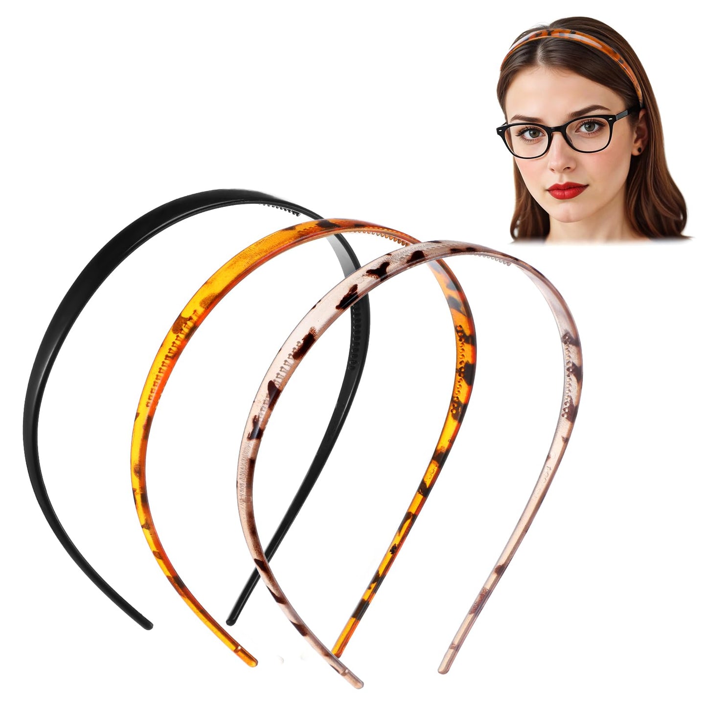 3 PCS Plastic Headbands for Women with Teeth Headbands for Glasses Wearers No Pressure Headbands for Women Skinny Plastic No Headache Headband Leopard Pattern Comfortable Plastic Headbands with Teeth