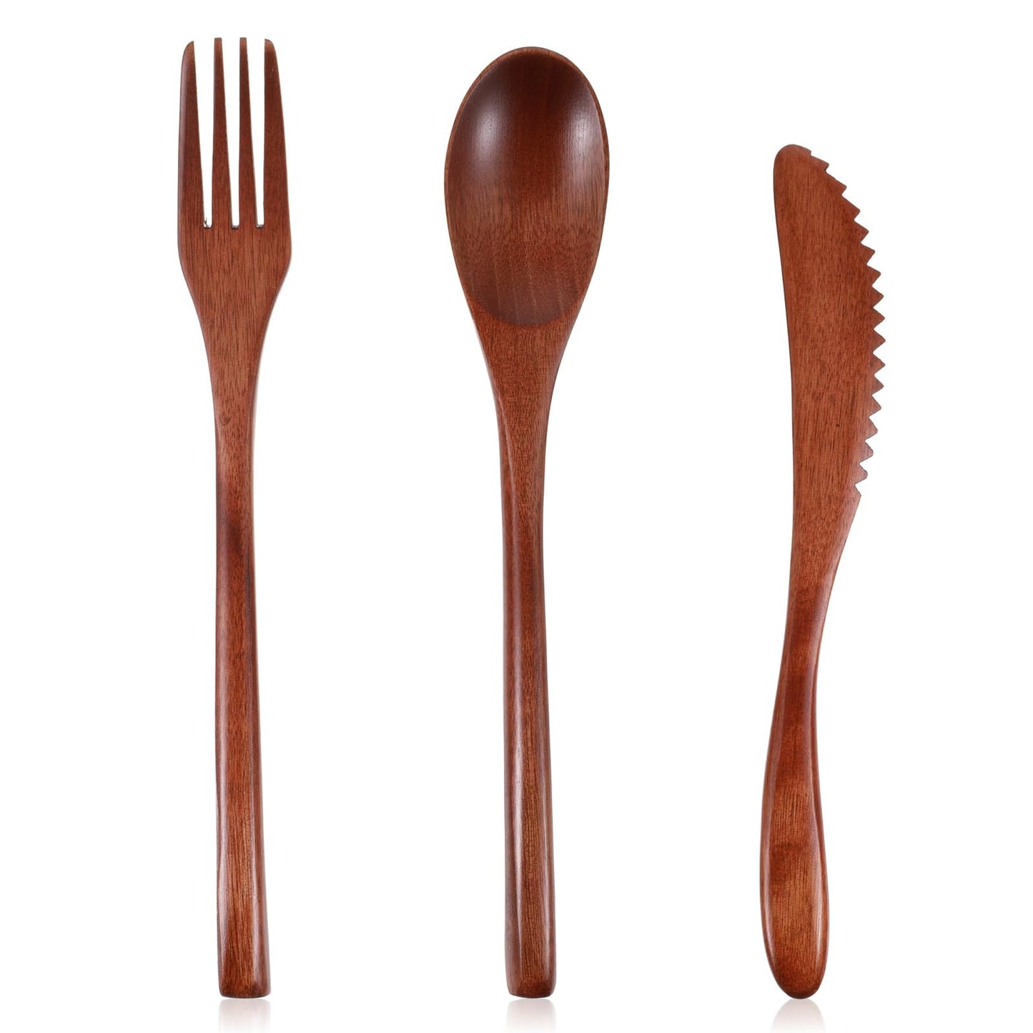 Sorcristy 3 PCS Wooden Utensil Set for Eating, Wooden Forks Spoons Knife Reusable Wood Dinner Flatware Tableware for Travel, Camping, Kitchen Cooking