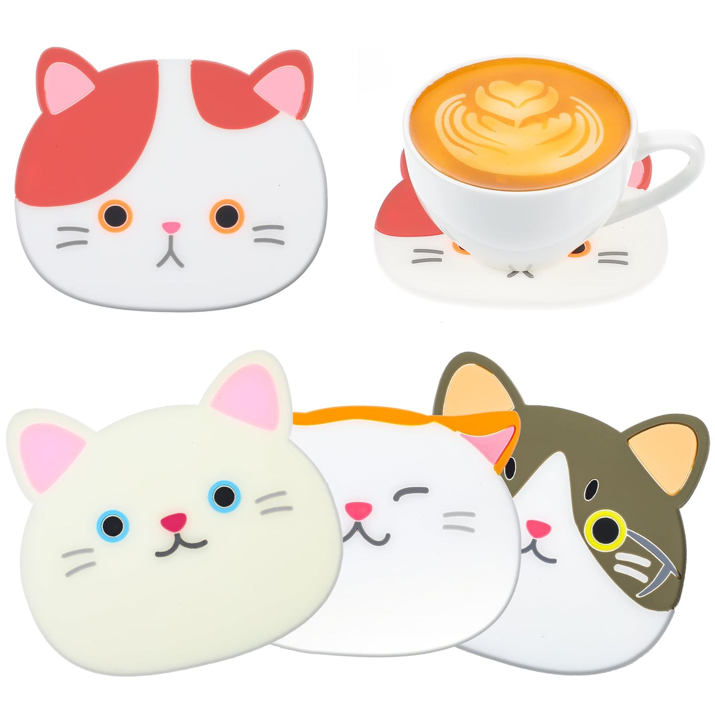 4Pcs Cute Cat Cup Coasters,Silicone Rubber Faces Small Flexible Durable Coasters for Coffee Table Dinning Room Desk Decorations Non Slip Hot Pads for Beverage Drink Tea Home Gift Idea