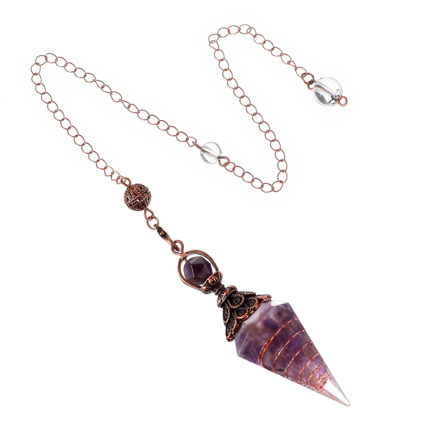 Nogeqi Crystal Pendulum Esoteric, Natural Pendulum Crystal, Gemstones Cone Amethyst Pendant with Hexagonal Chain for Witchcraft Divination Ceremony Reiki Witchcraft Meditation