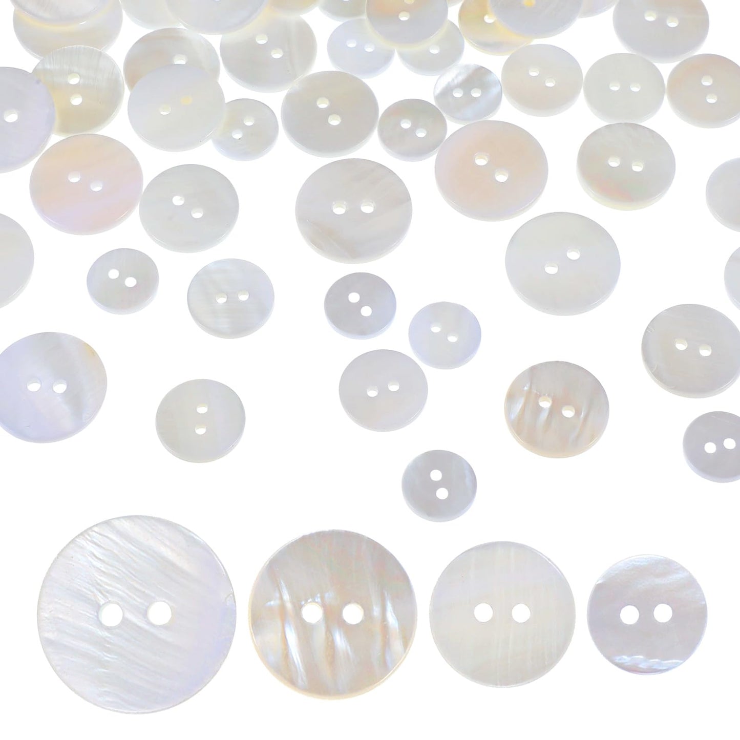 Nogeqi Pack of 60 White Mother of Pearl Buttons, 12.5 mm/15 mm/18 mm/20 mm, Natural Shimmering Buttons, Flat Pearl Buttons, Buttons for Cardigan, Clothing, Craft, Skirts