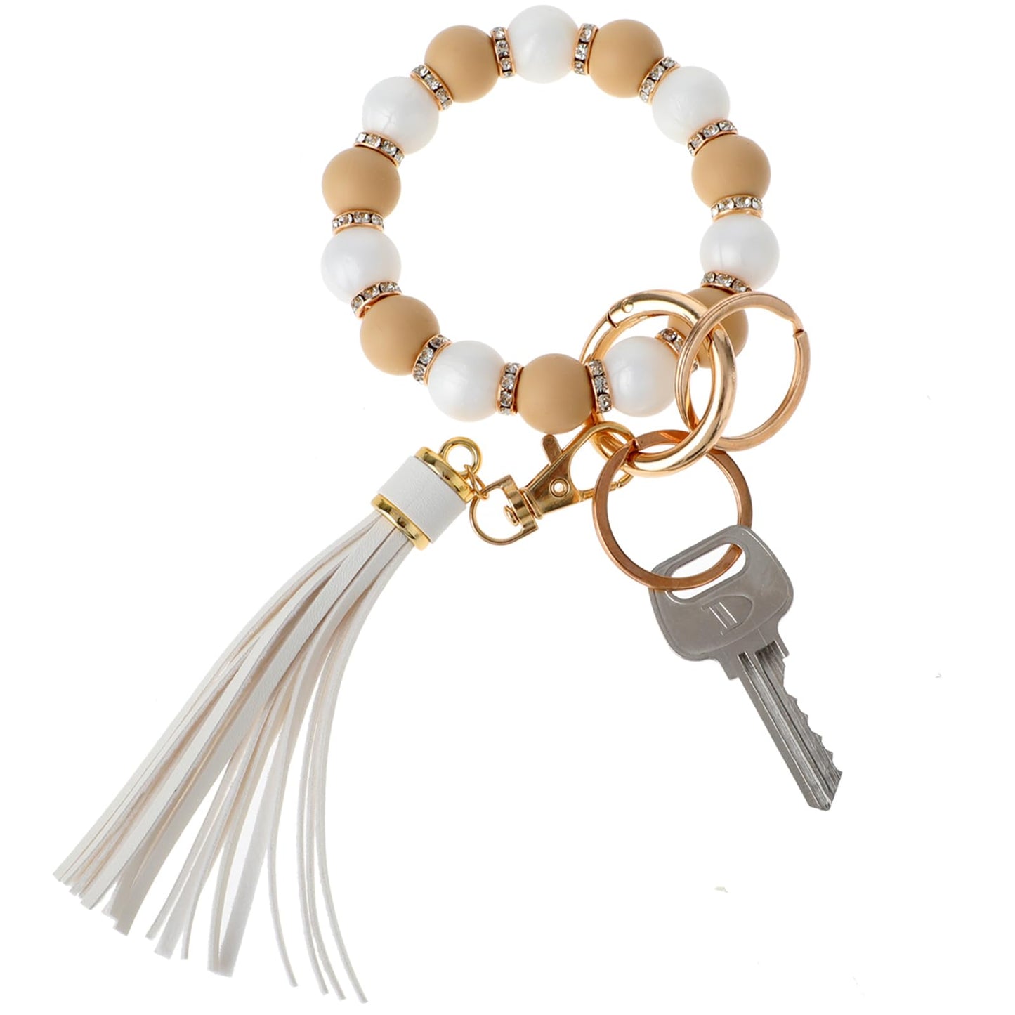 Silicone Key Ring Bracelet Women Beaded Bangle Keychain Elastic Elastic Wristlet Keychain Key Holder Cute Key Holder Wristlet Chain With Leather Tassel Car Key Ring Bangle Chain For Mother's Day Gift