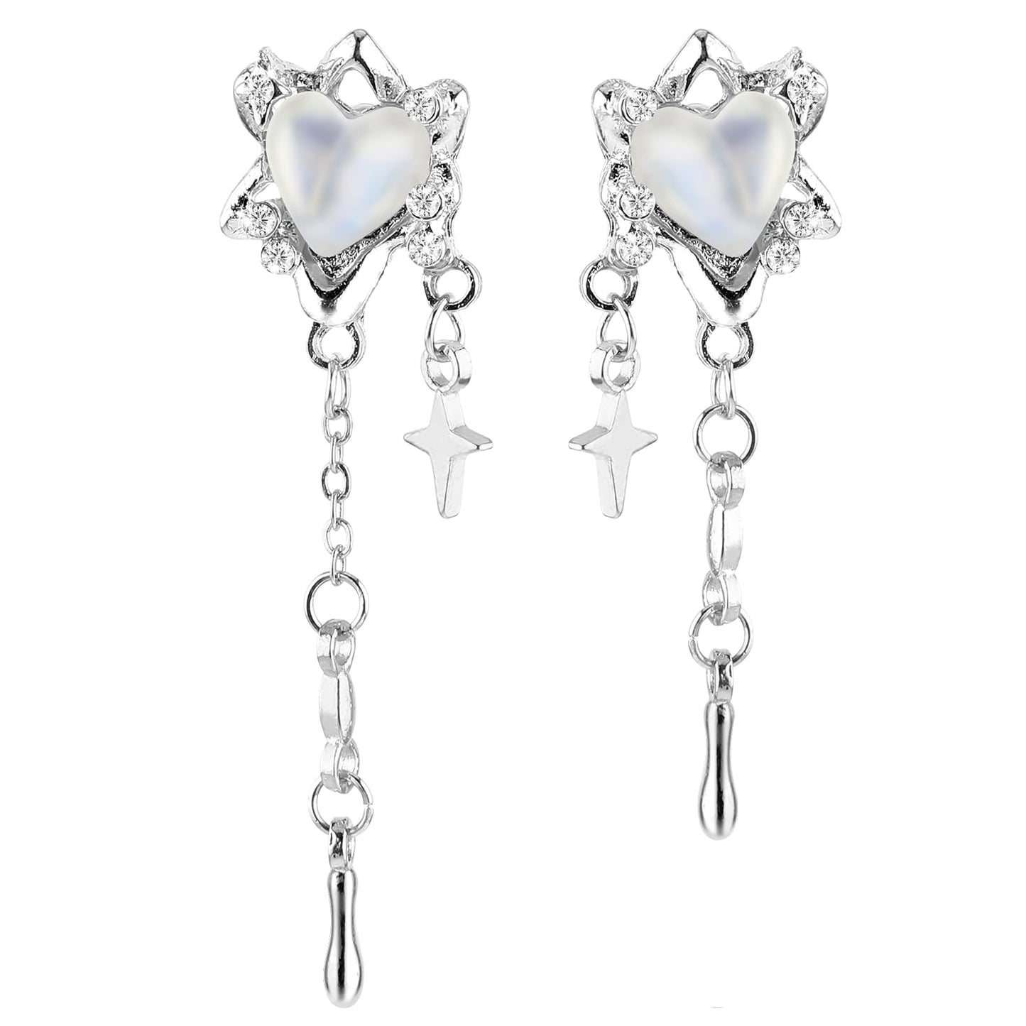 Mabor Silver Heart Earrings Elegant Star Drop Earrings for Women Teen Girls Asymmetrical Silver Star Dangle Earrings Y2k Earrings Silver Love Stud Earrings with Star Dangling